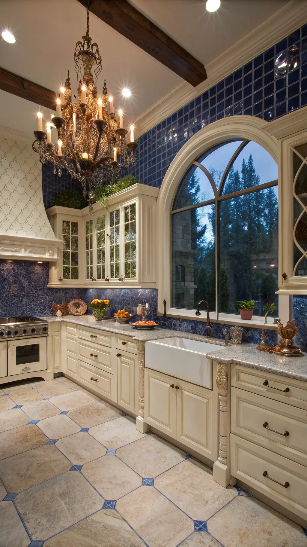 Elegant traditional kitchen with sapphire blue tiles, cream cabinets, marble counters, copper accessories and chandelier during evening golden hour lighting.