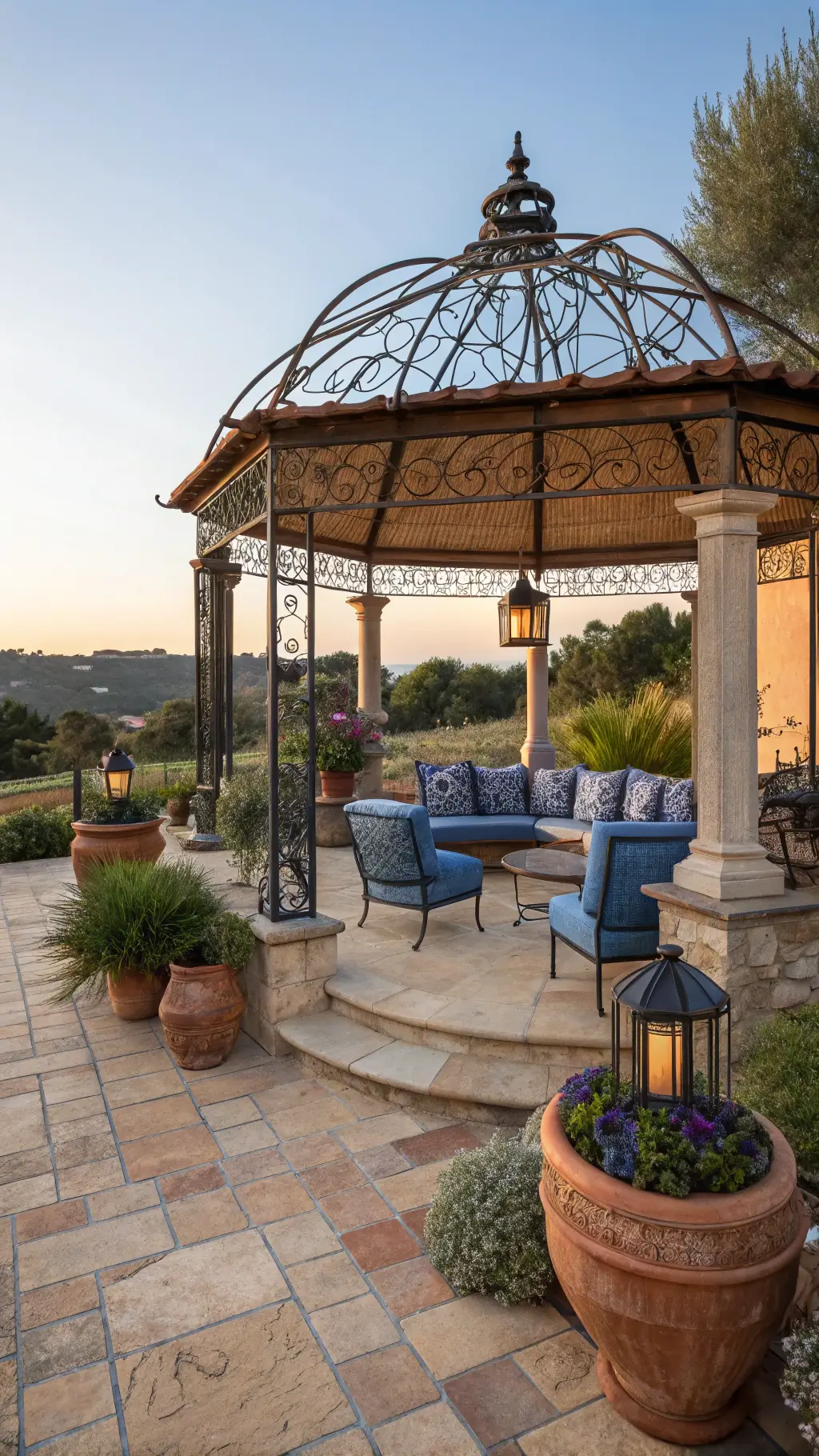 Sunlit Mediterranean stone gazebo with wrought iron furniture, azure cushions, mixed pattern tiles, terracotta pots with lavender and rosemary, antiqued mirrors reflecting garden views, and copper lanterns, captured with wide-angle lens.