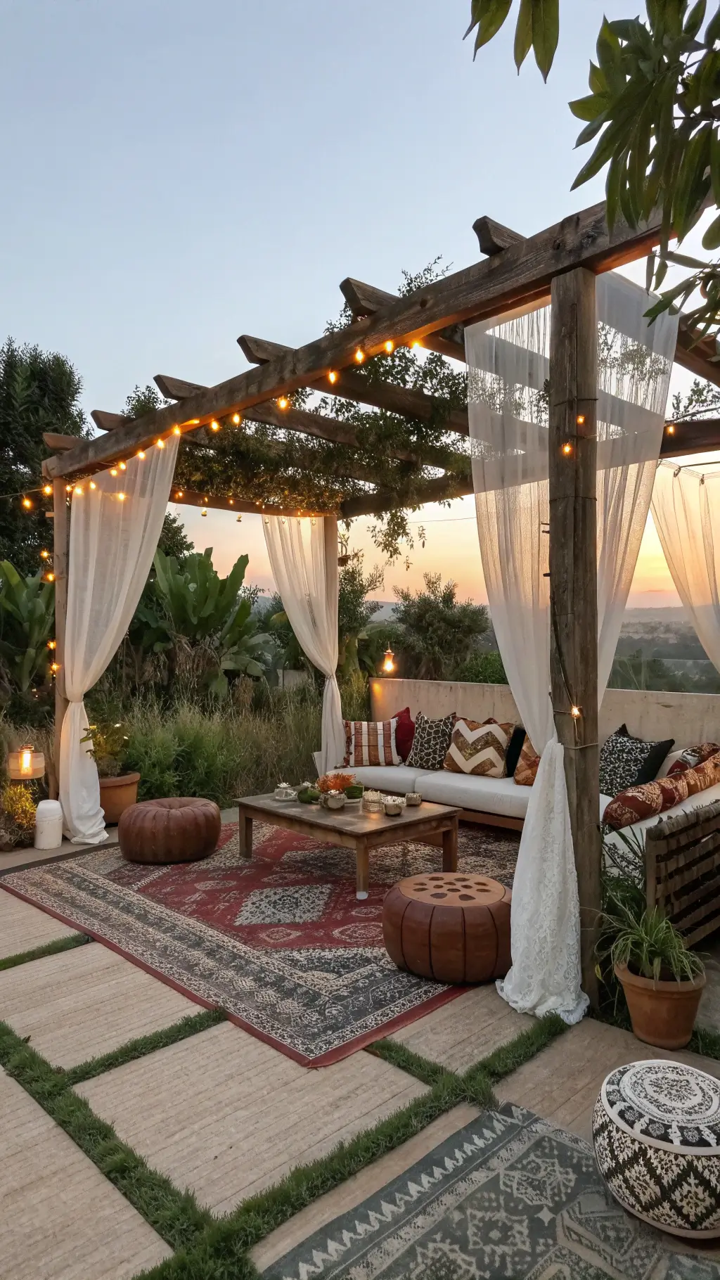 Sunset view of a spacious 25x20ft garden patio with a wooden pergola adorned with white curtains and twinkle lights, surrounded by vintage Moroccan poufs and a low teak table, over tribal print rugs creating zones, framed by mature fiddle leaf figs.