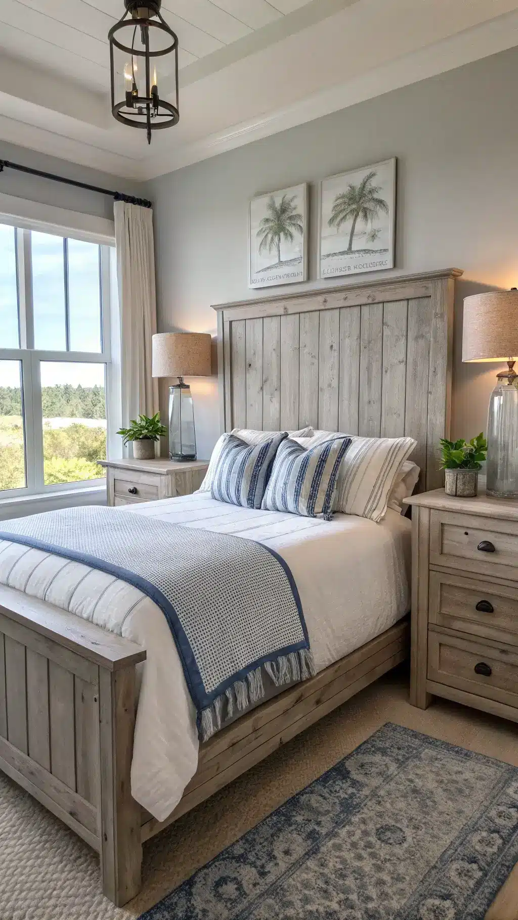 Coastal primary bedroom with weathered grey wooden headboard, glass hurricane lights, white and oatmeal linens, blue stripe accent pillows, all illuminated by natural window light.