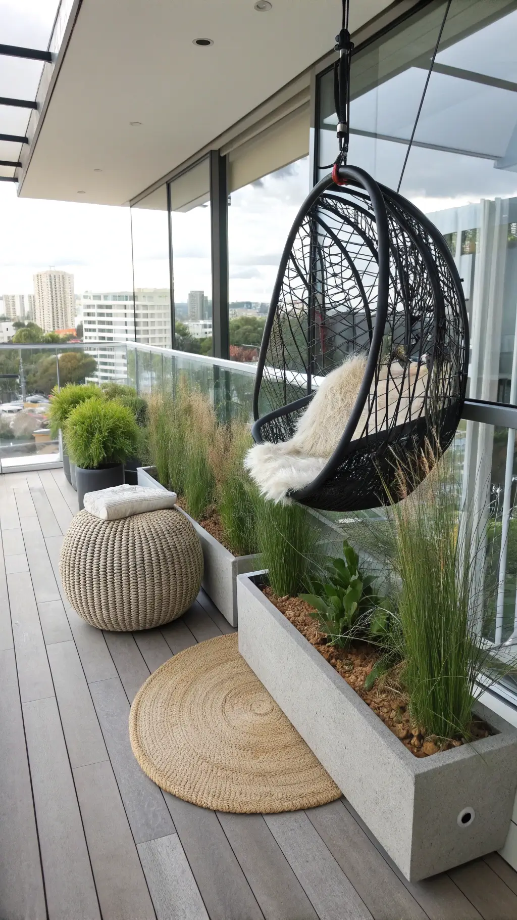 Midday view of a sun-filled 20x12ft balcony patio featuring a pair of black rattan hanging chairs with sheepskin throws, minimalist concrete planters filled with tall grasses, a natural fiber rug over IPE decking, and a glass railing reflecting city views, decorated in a monochromatic scheme with green accents for an urban sanctuary feel.