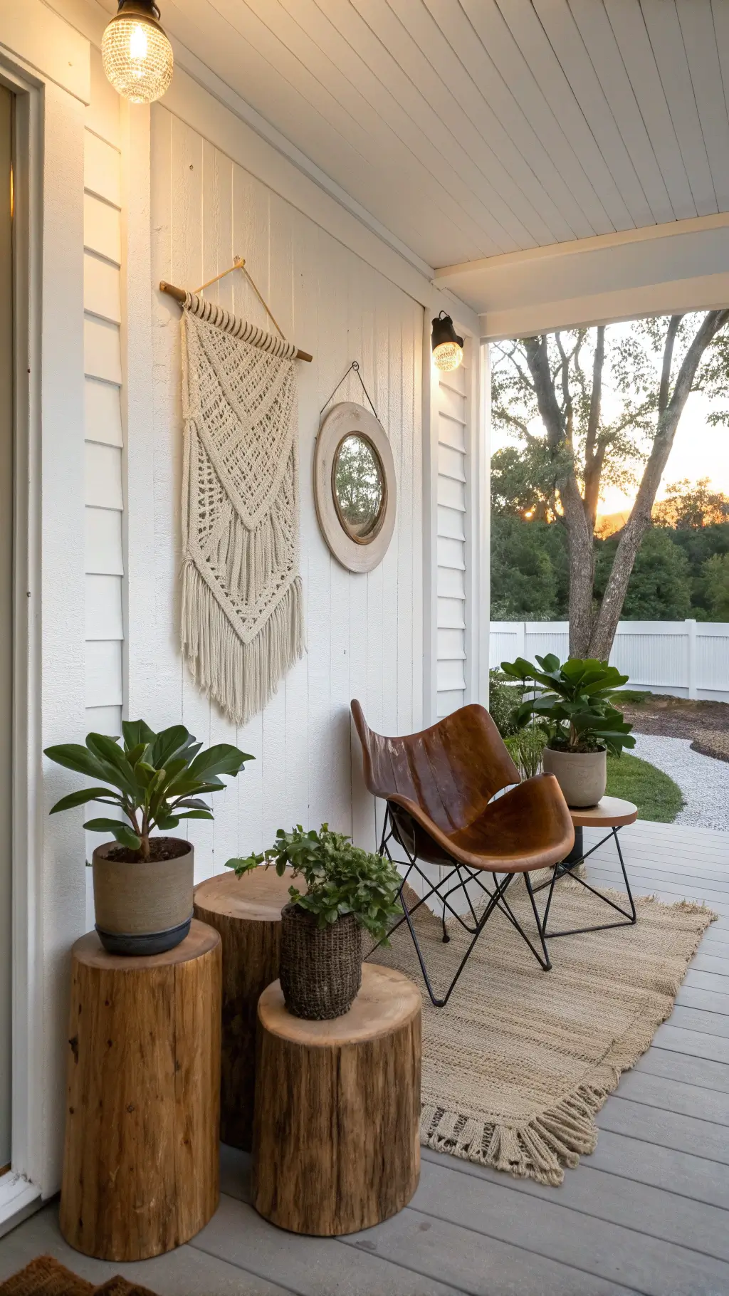 Vintage leather butterfly chairs and rustic stump tables on a cozy covered porch at sunset, framed by potted fiddle leaf fig trees and a macramé wall hanging on a white shiplap backdrop.