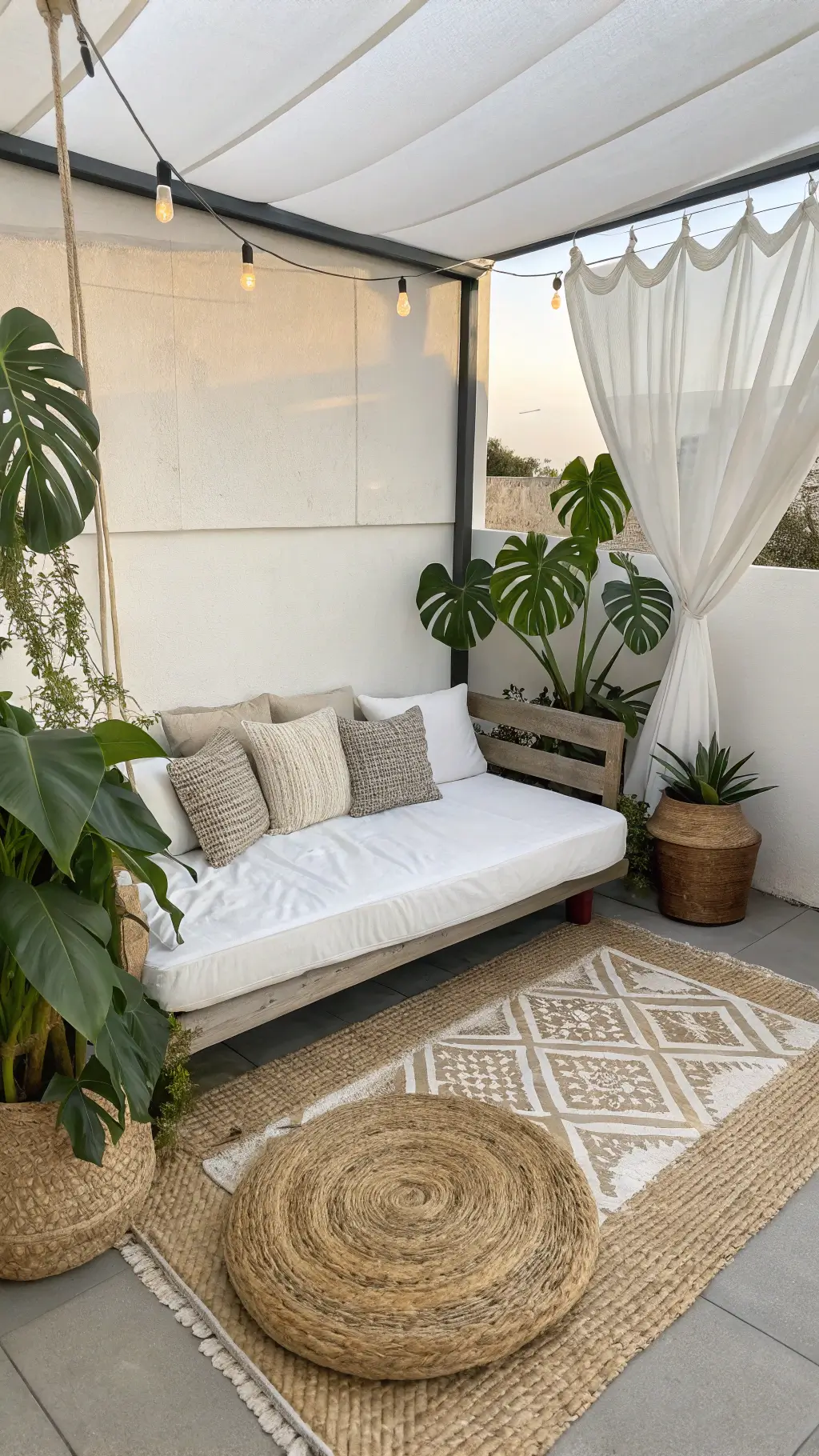 Minimalist boho terrace retreat with white-linen daybed, oversized jute rug, statement monstera plant in concrete planter, and string light canopy, captured from a high-angle showcasing geometric design and negative space.