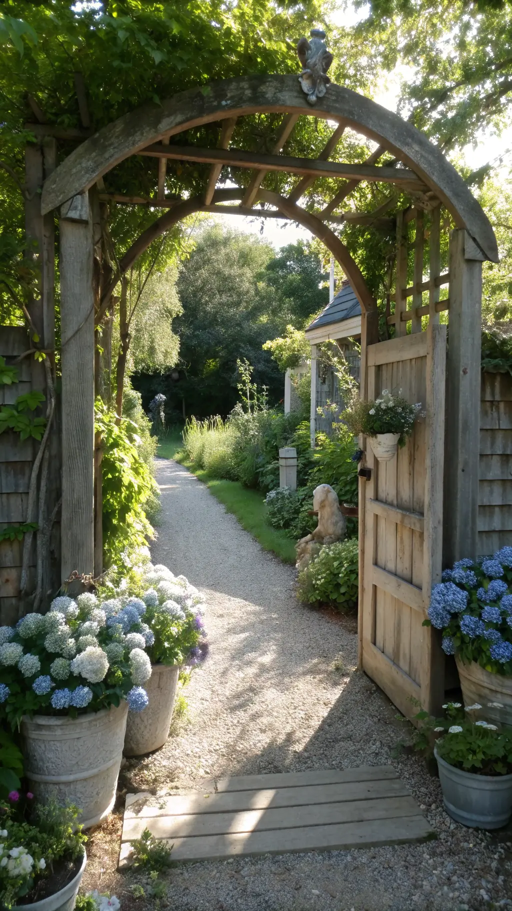 Midday view of a sunlit cottage garden entrance, featuring a wooden arch covered in hydrangea, and lined with buckets of cosmos and delphinium flowers, with a hidden cherub statue among the greenery.