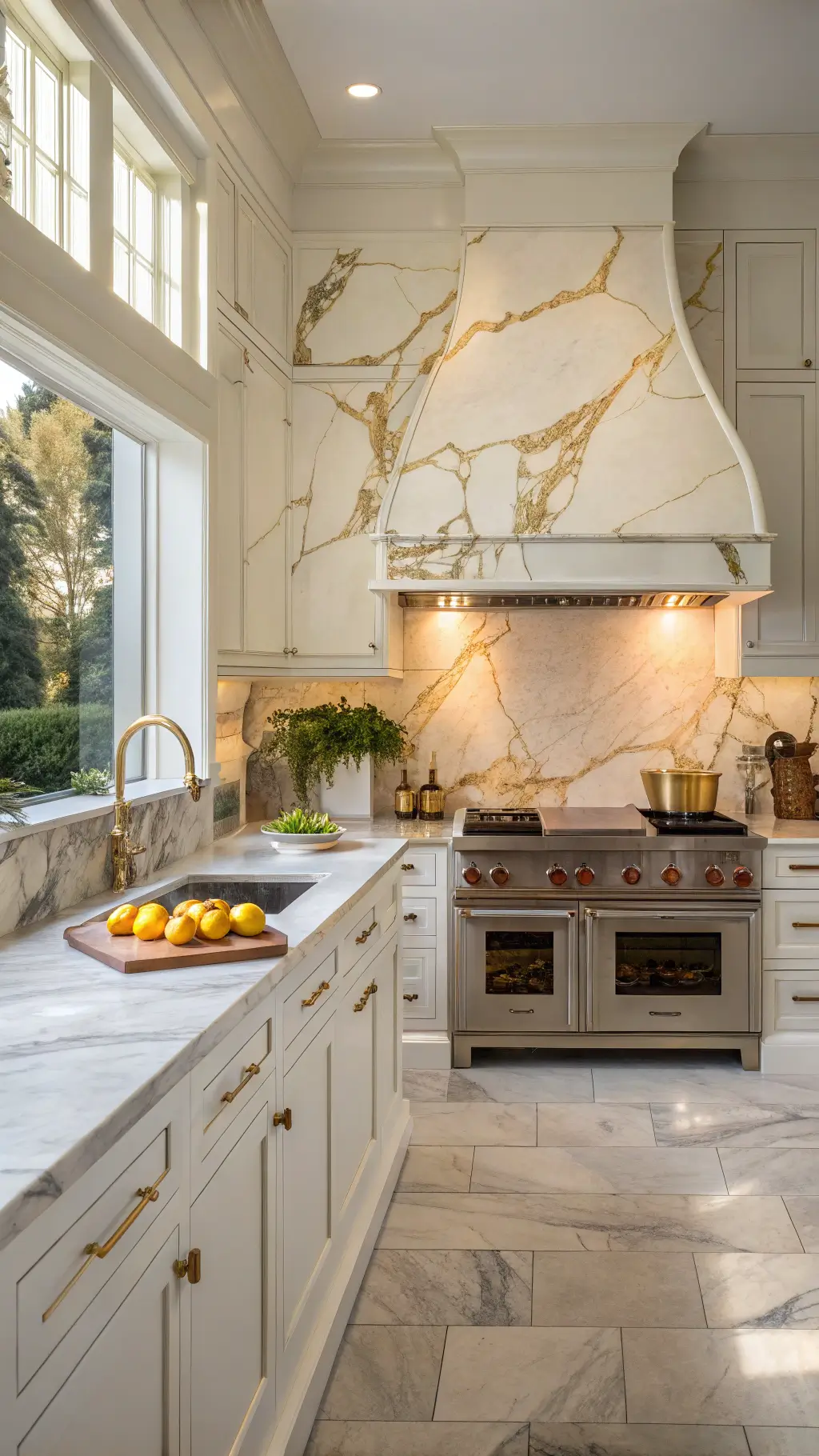 Elegant chef's kitchen at dawn with Calacatta Gold marble backsplash, matching range hood, stainless appliances, styled with copper cookware and fresh citrus fruits.