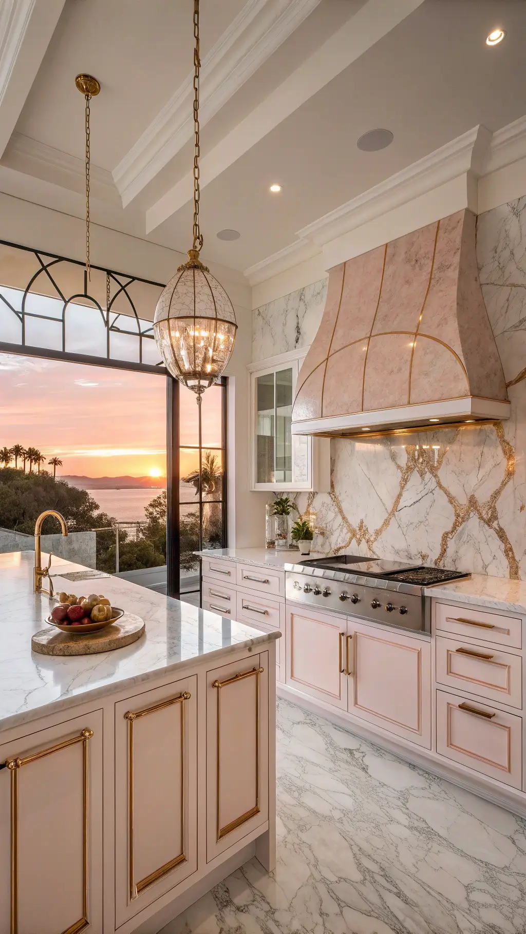 Luxurious 13x15ft kitchen illuminated by sunset, showcasing rose Portuguese marble backsplash with rose gold fixtures, crystal pendants, and styled with blush ceramics and metallic accents.