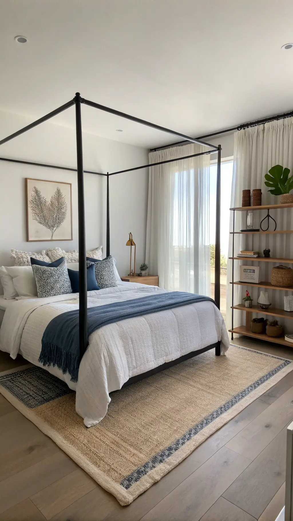 Bird's eye view of a modern minimalist 12x14ft bedroom at dawn showcasing a black metal canopy bed with white cotton bedding and blue accents, earth-toned pottery on floating shelves, and a jute rug on white oak flooring, all bathed in a cool morning light filtering through sheer linen curtains.