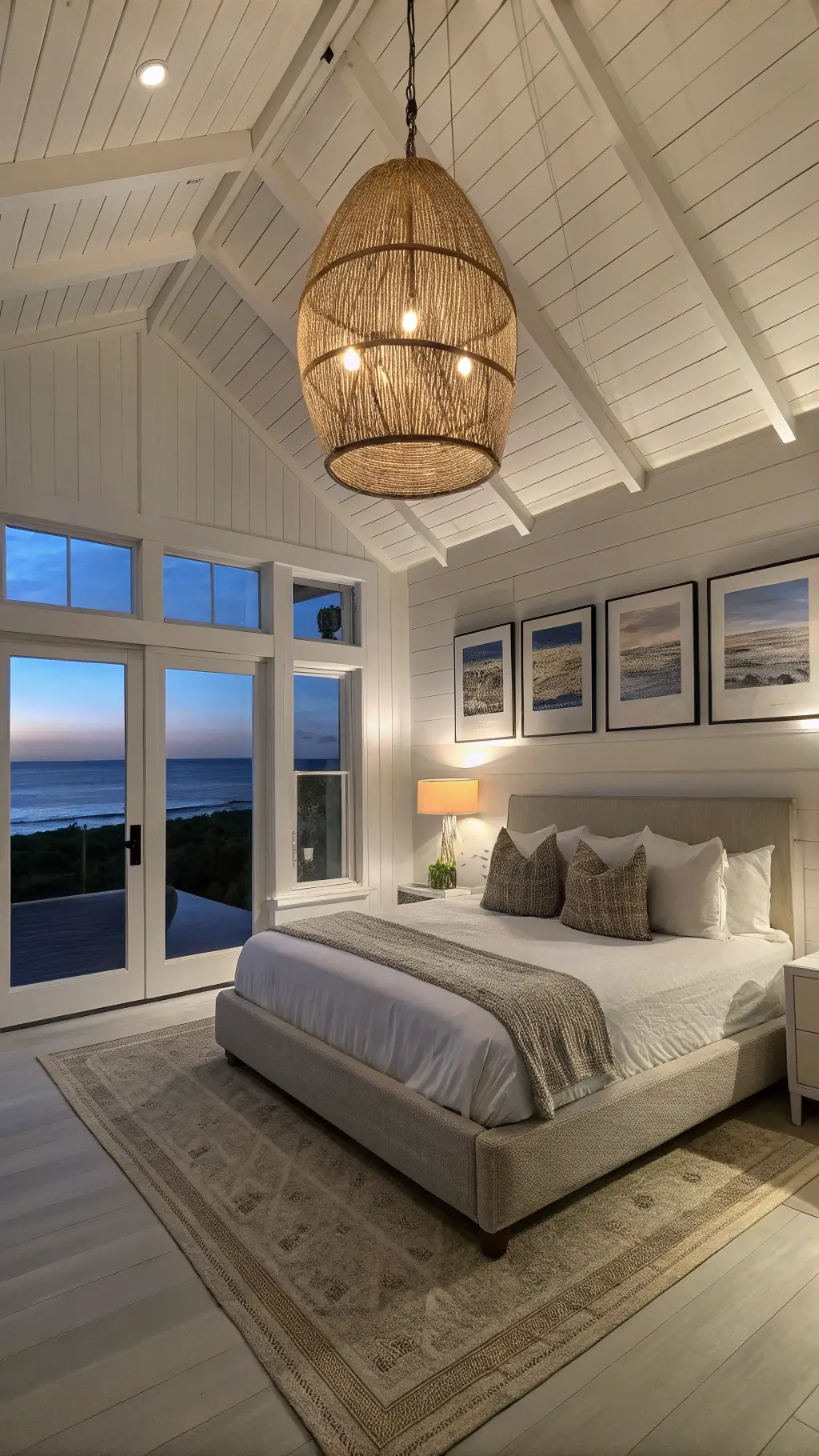 Modern beach bedroom at dusk with white walls, grey platform bed, and coastal artwork, lit by a suspended rattan pendant creating intricate shadows.