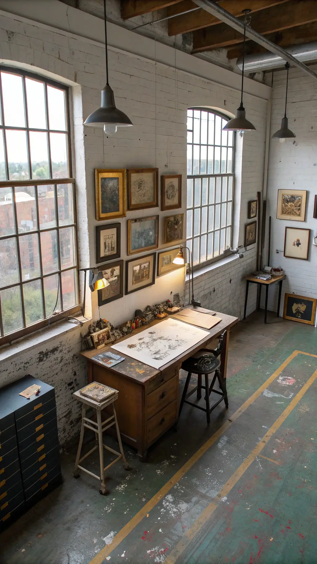 Upcycled creative studio featuring a restored workbench, vintage paintings, repurposed factory lights and paint-splattered floors, shot from an elevated angle.