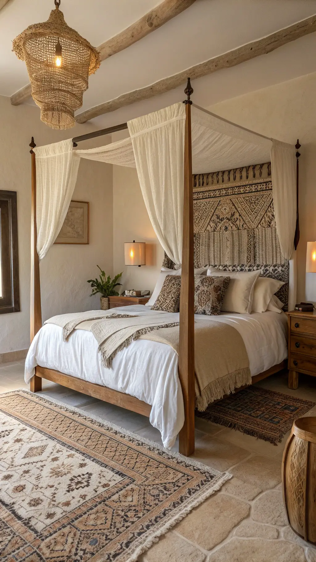 Primary bedroom at dawn featuring a four-poster bed with rumpled ivory and wheat linen, vintage Moroccan rug, ceramic table lamps, brass accents and a handwoven wall hanging, shot low and wide to emphasize morning light and textile textures.