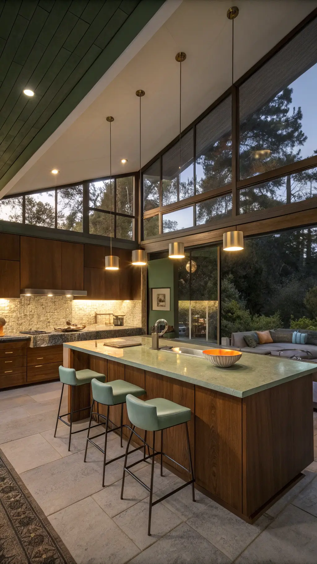 Mid-century modern kitchen at dusk with walnut cabinets, terrazzo countertops, sage green accent wall with orange ceramic vessels, brass light fixtures, and Eames-style barstools under a waterfall edge island, photographed from a 45° angle with dramatic mood lighting.