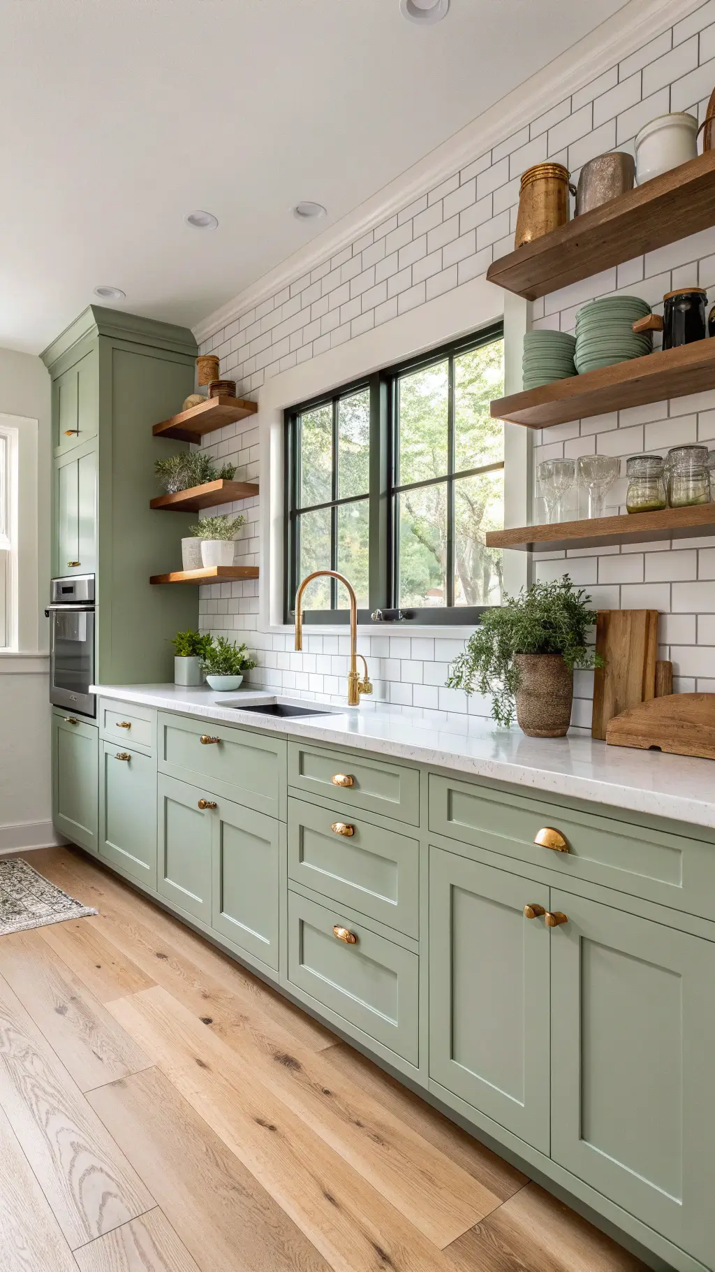 Contemporary farmhouse kitchen with sage green shaker-style cabinets, open shelving, subway tile backsplash, natural oak flooring, pottery and fresh herbs