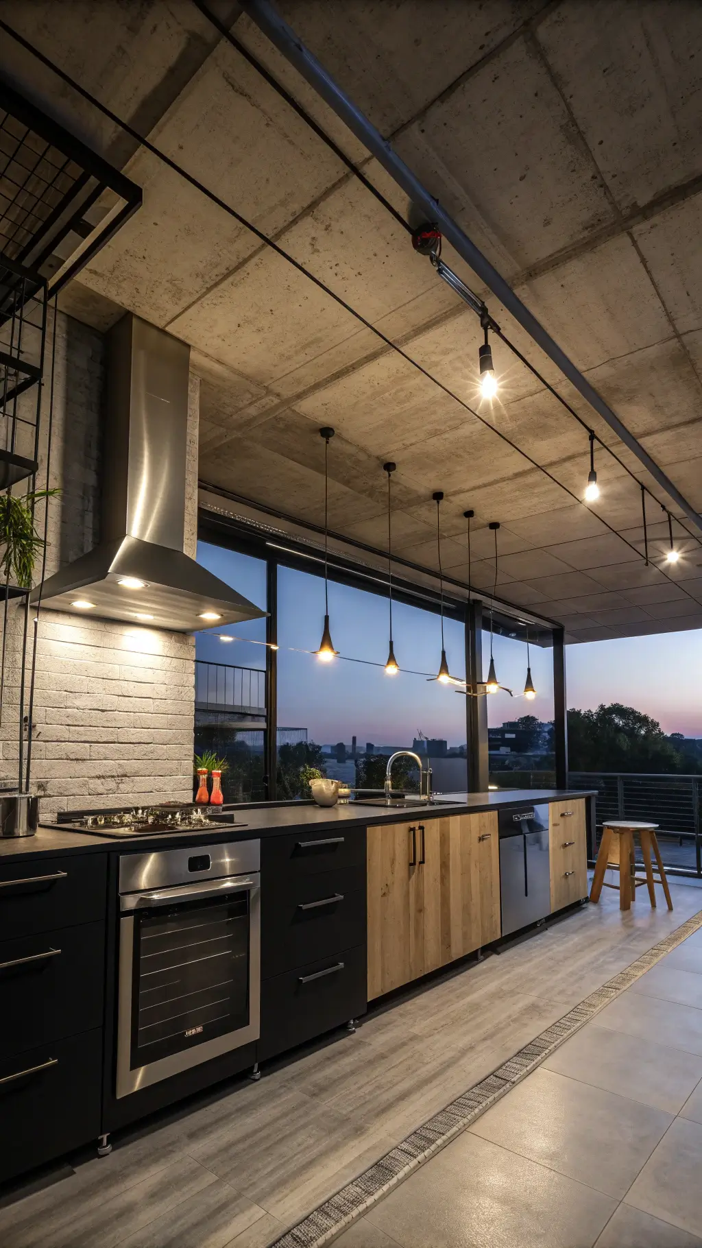 Low-angle view of a modern industrial style kitchen at dusk, featuring exposed ducts, black base cabinets, metal and wood combination cabinets with pendant lighting, and a monochromatic scheme with metallic highlights.