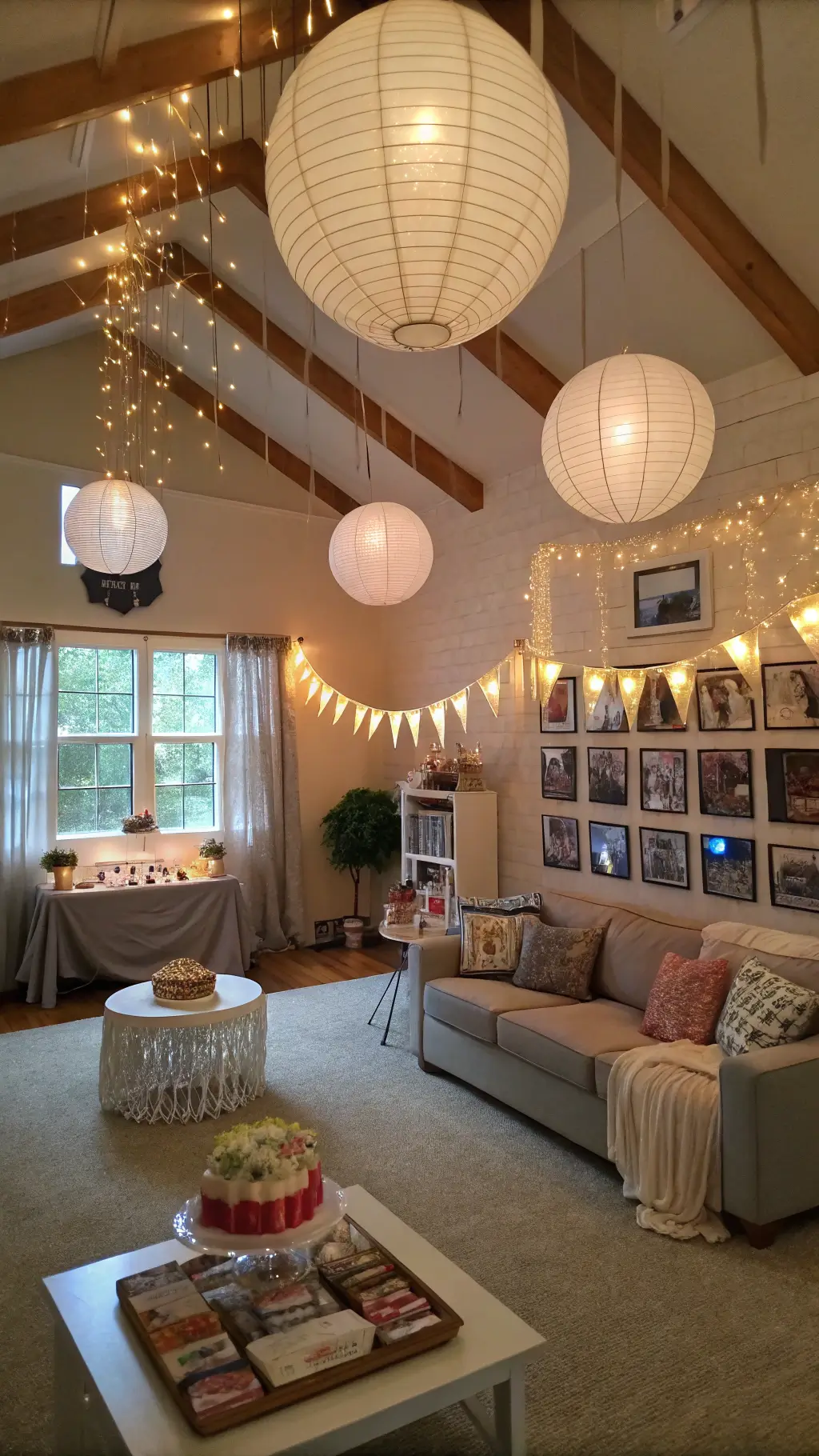 Family room adorned with suspended paper lanterns, birthday photos, fairy lights, and metallic streamers set for a party, with a cake table as the focal point, shot in the late afternoon with a golden light.