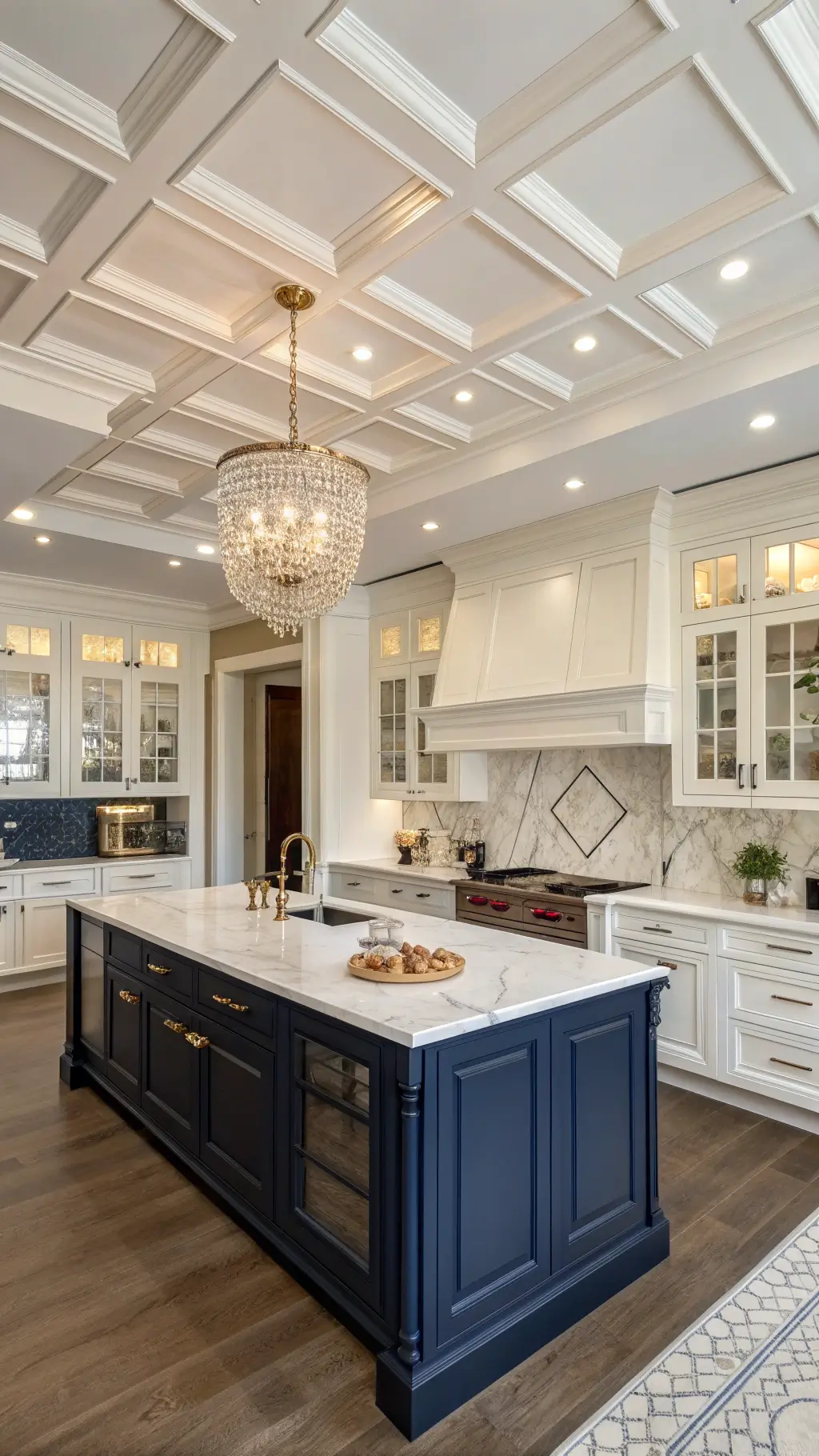 Luxury transitional kitchen with 12-foot coffered ceiling, navy and white two-tone cabinets, glass-front display cases, marble-topped island, and crystal chandelier casting afternoon sunlight; presented in a wide-angle shot from entrance.