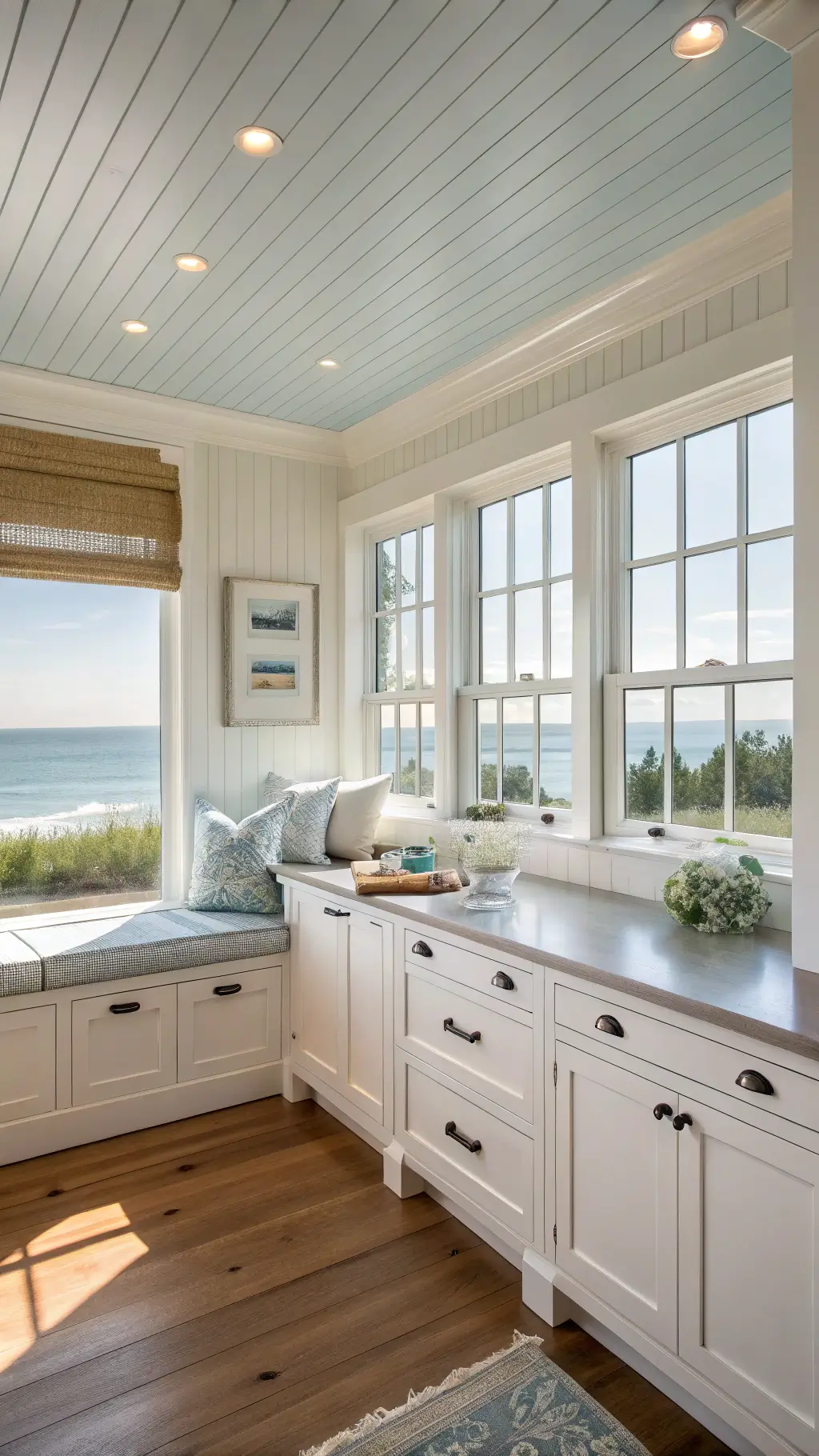 Bright and airy coastal kitchen with white shaker cabinets, beadboard ceiling, built-in window seat, and bay windows overlooking the ocean.