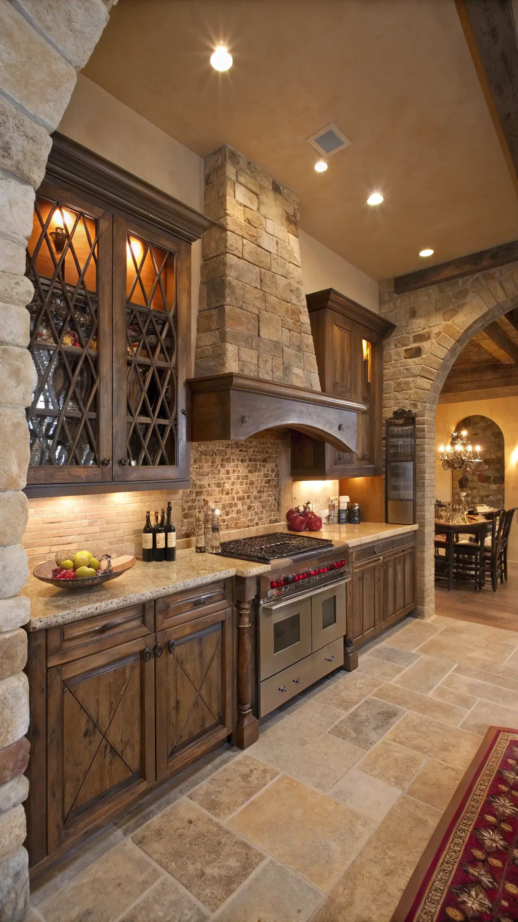 Mediterranean kitchen with distressed wood cabinets, iron hardware and stone hood surround under a 11-foot arched ceiling, warm artificial lighting illuminates the room filled with warm browns and rustic reds, view from cooking area towards the dining space.