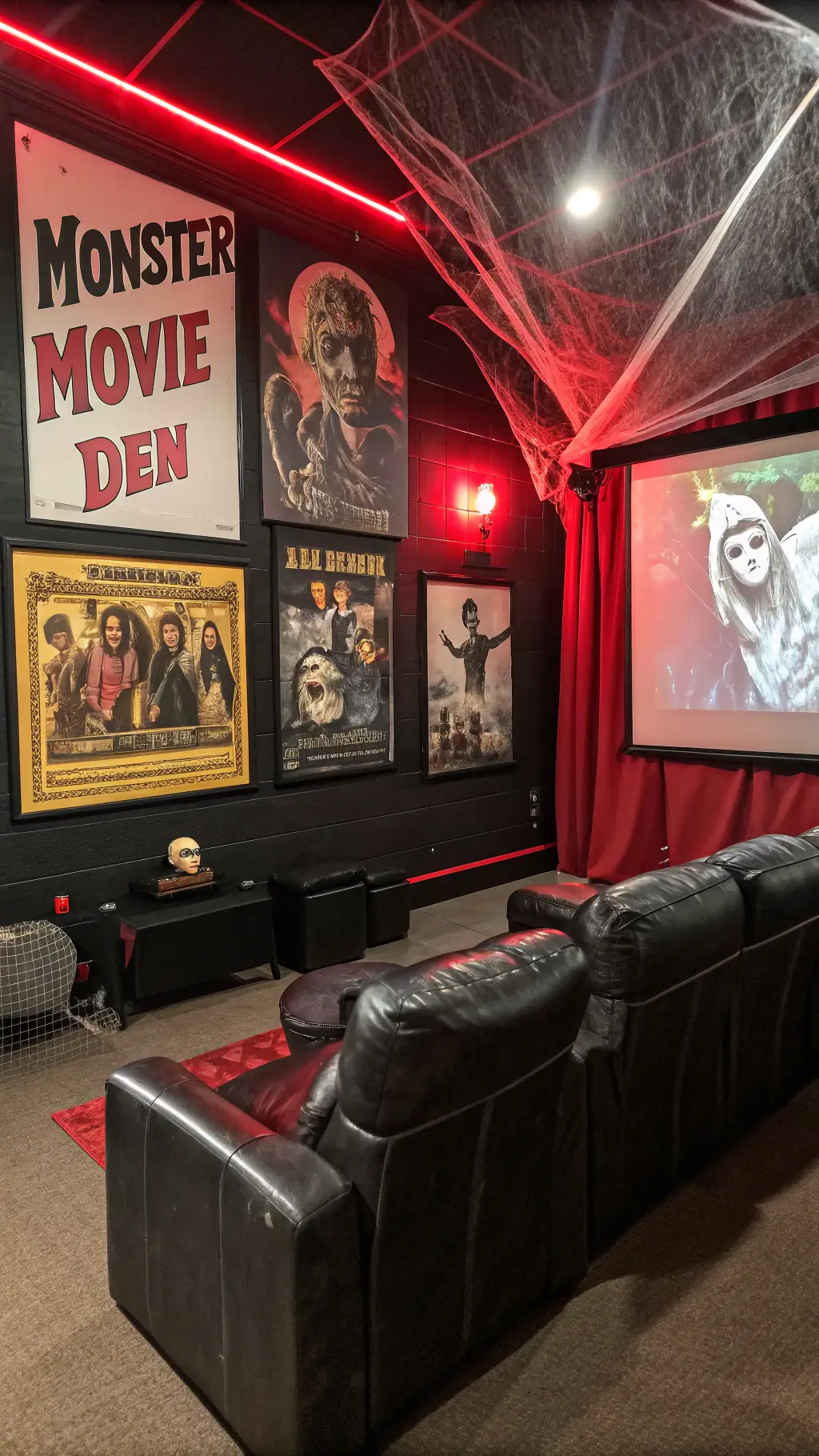 Media room transformed into a Monster Movie Den with vintage horror movie posters, dramatic red uplighting, classic monster busts, black leather seating, cobweb-covered projection screen and fog machine effects.
