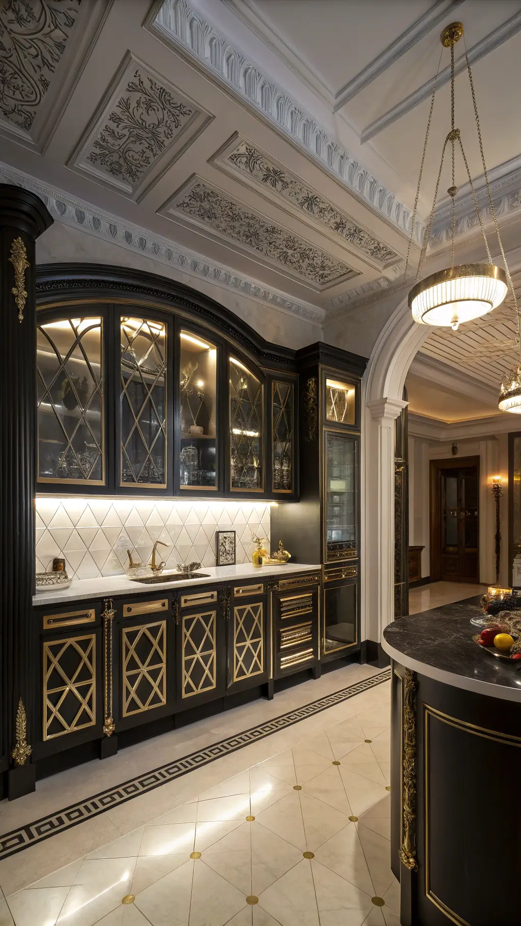 Art deco kitchen at night with high-gloss cabinets, brass trim, decorative elements, and dramatic sconce lighting