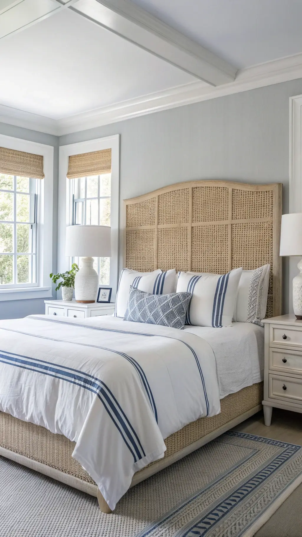 Sunny, 13x15ft coastal master suite with whitewashed cane headboard against grey walls, white ceramic lamps, and bed with white cotton and natural linen bedding with blue stripes