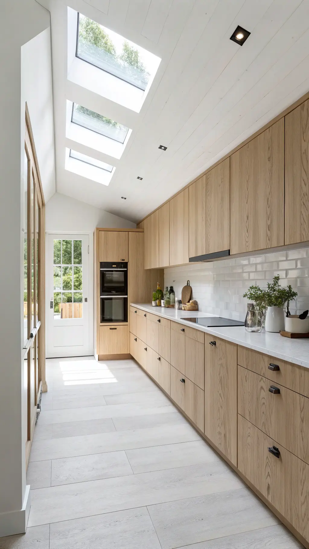 Scandinavian kitchen with pale oak cabinets, white stone, matte finishes, floor-to-ceiling storage, and skylight illumination