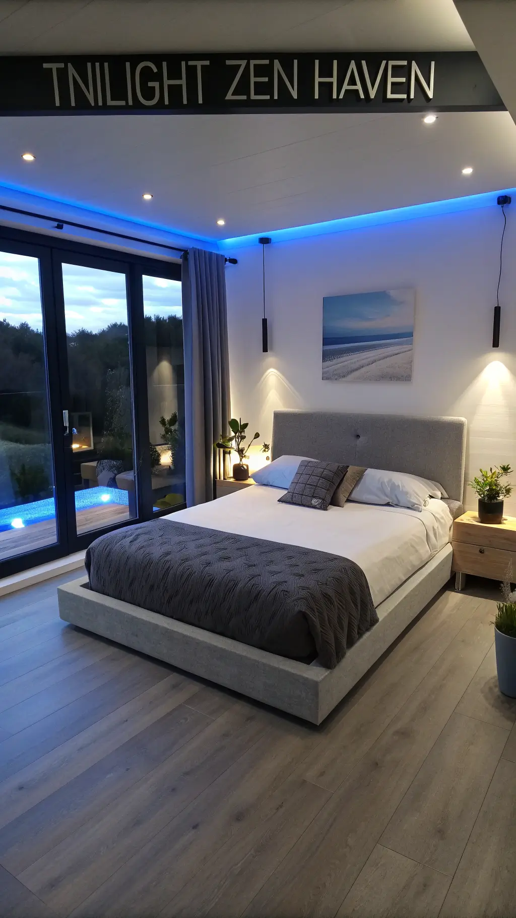 Modern 12x14ft bedroom with soffit lighting, floor-to-ceiling windows, a floating platform bed in charcoal upholstery, minimalist concrete nightstands, and a potted fiddle leaf fig, captured at bed height with a wide f/4 shot.