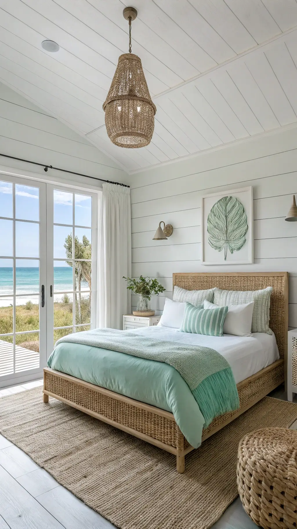Light-filled, spacious coastal bedroom with shiplap walls, rattan platform bed, and driftwood art, overlooking serene blue waters.