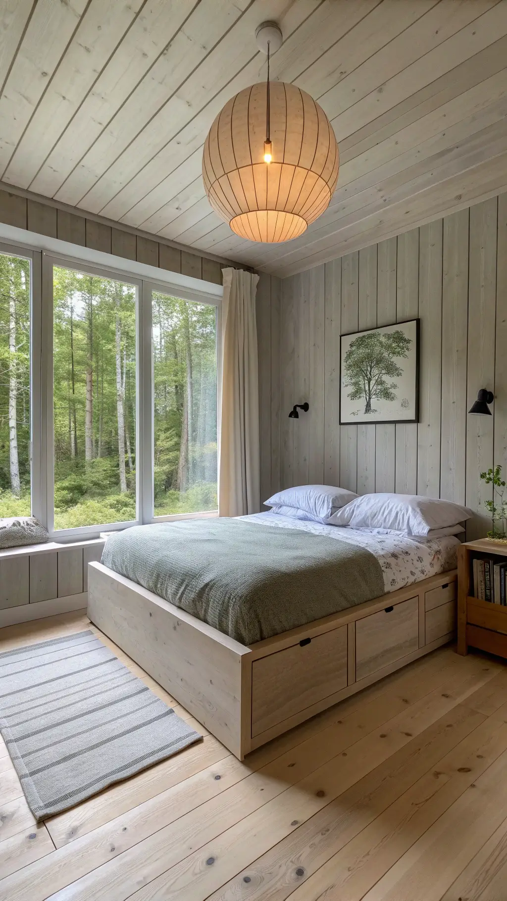 'Scandinavian woodland retreat bedroom with simple bleached oak bed, pale pine walls and floors, illuminated by morning light and a paper pendant, adorned with a large botanical print'