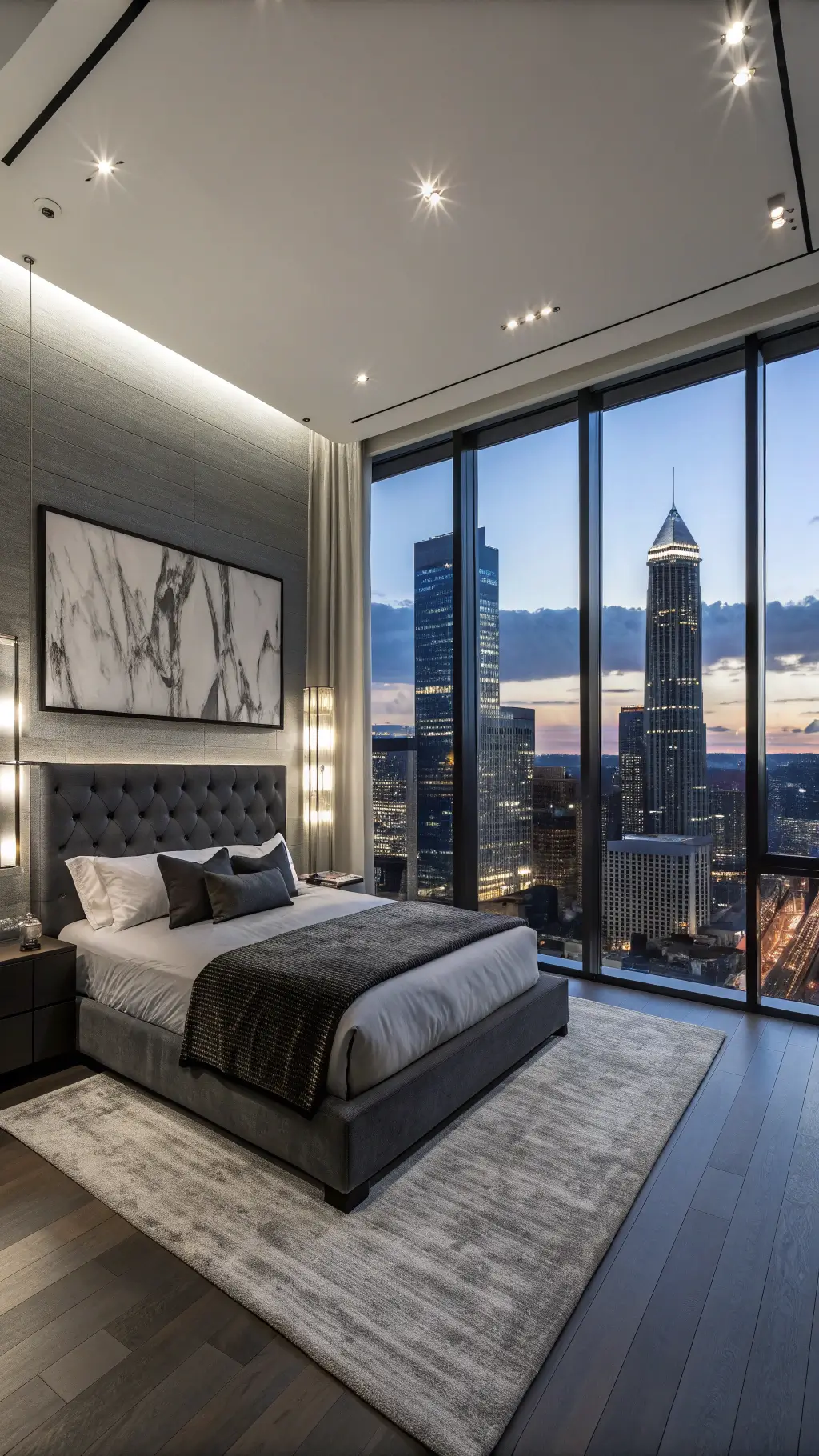 Stylish 15x17ft bedroom with city views through floor-to-ceiling windows, featuring a dark grey velvet platform bed with LED underlighting, polished chrome reading sconces, and a large-scale abstract painting in rich blues and metallics.