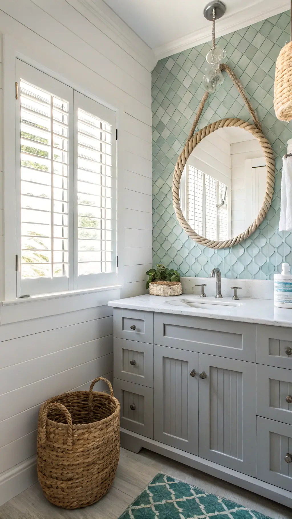 Modern coastal bathroom with afternoon sunlight streaming through plantation shutters, highlighting a sea glass tile backsplash, white shiplap walls, and a driftwood gray floating vanity; features include a rope-wrapped mirror and woven seagrass basket storage.