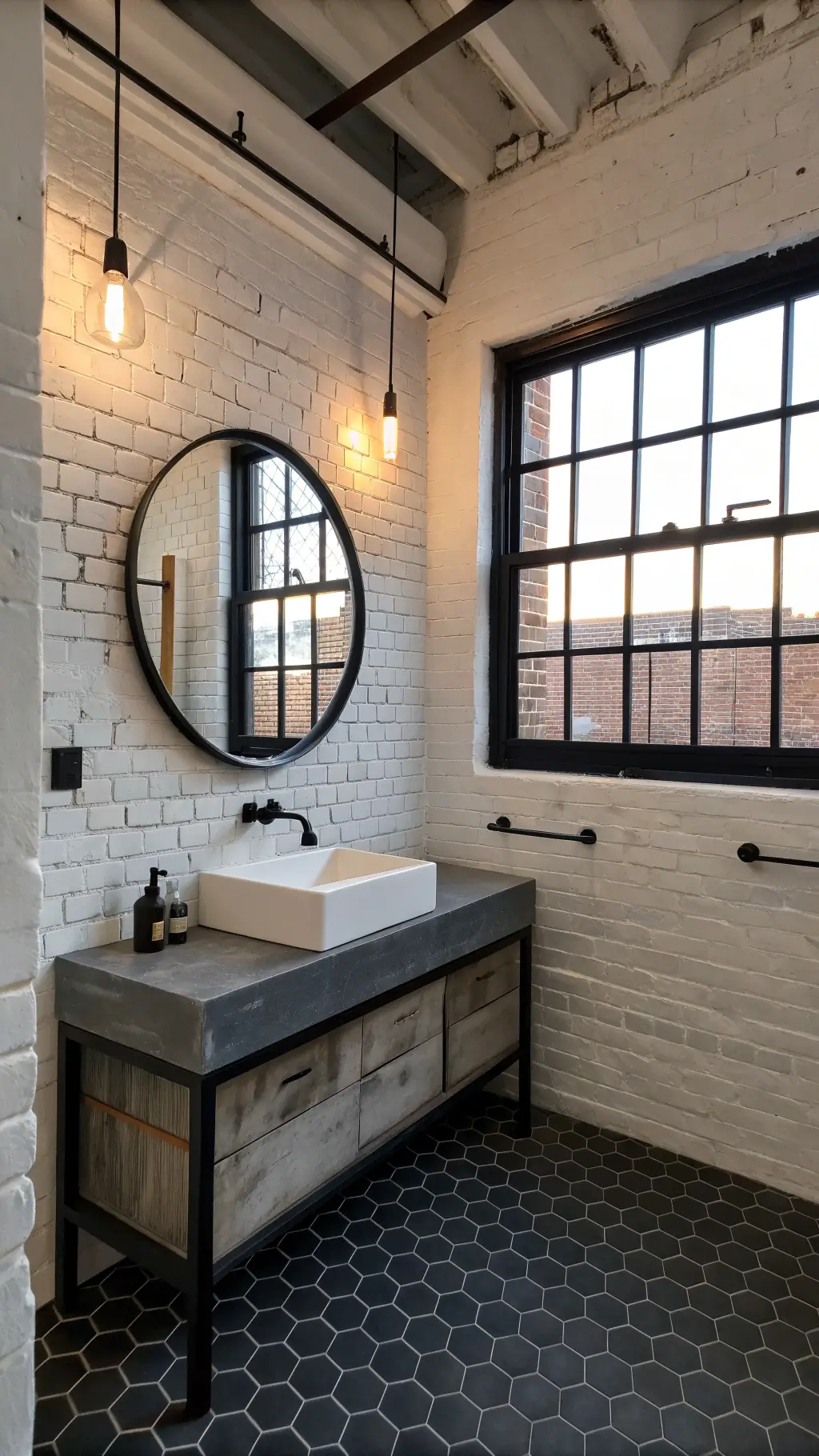 Low angle shot of a small urban industrial bathroom with exposed white brick walls, factory-style window, matte black fixtures, concrete vanity with integrated sink, large round mirror framed in black, Edison bulb sconces, and charcoal hexagon floor tiles.