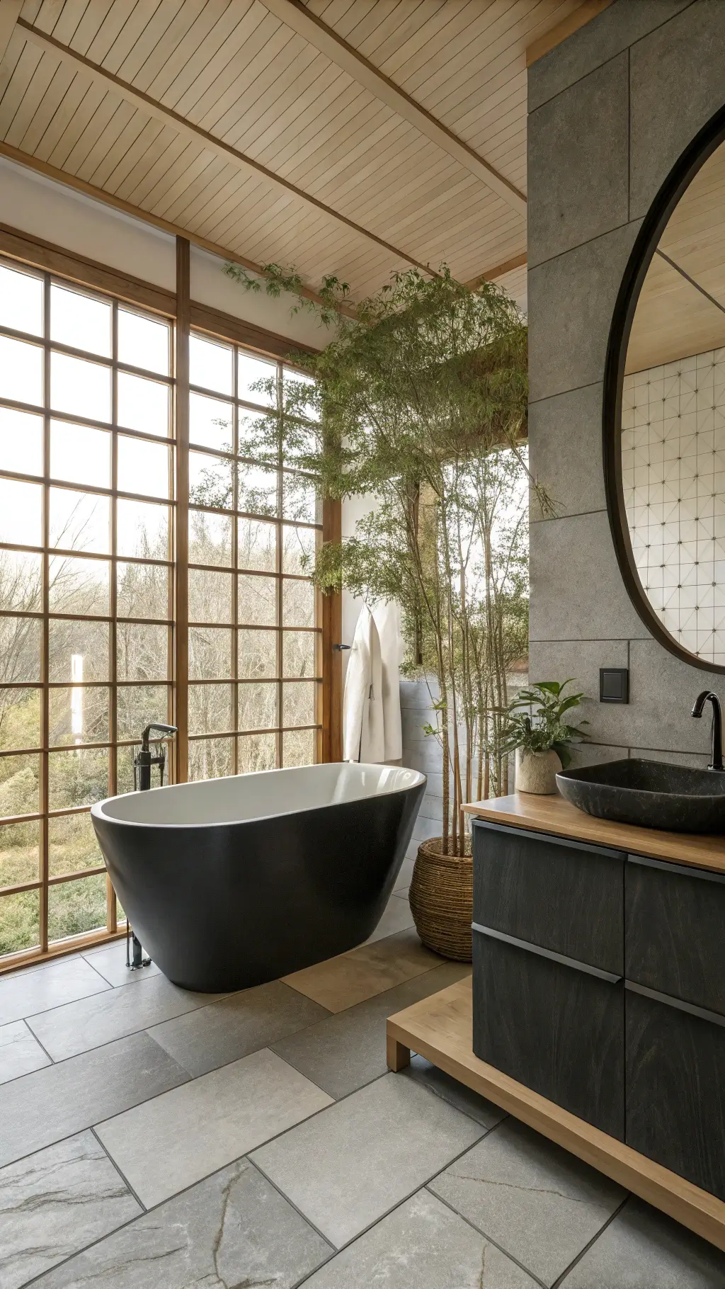 Zen-inspired Japanese bathroom with matte black soaking tub, bamboo vanity, minimalist round mirror, large porcelain tiles, potted bamboo plant, under soft natural light through rice paper window.