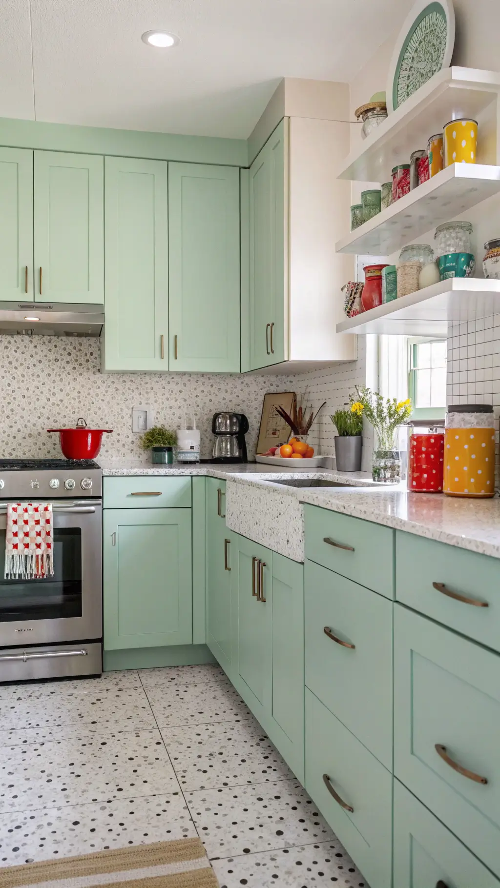 Bright, contemporary kitchen with mint green cabinets, terrazzo countertops, white penny tile backsplash, and retro cream appliances, decorated with colorful vintage canisters and geometric accessories.