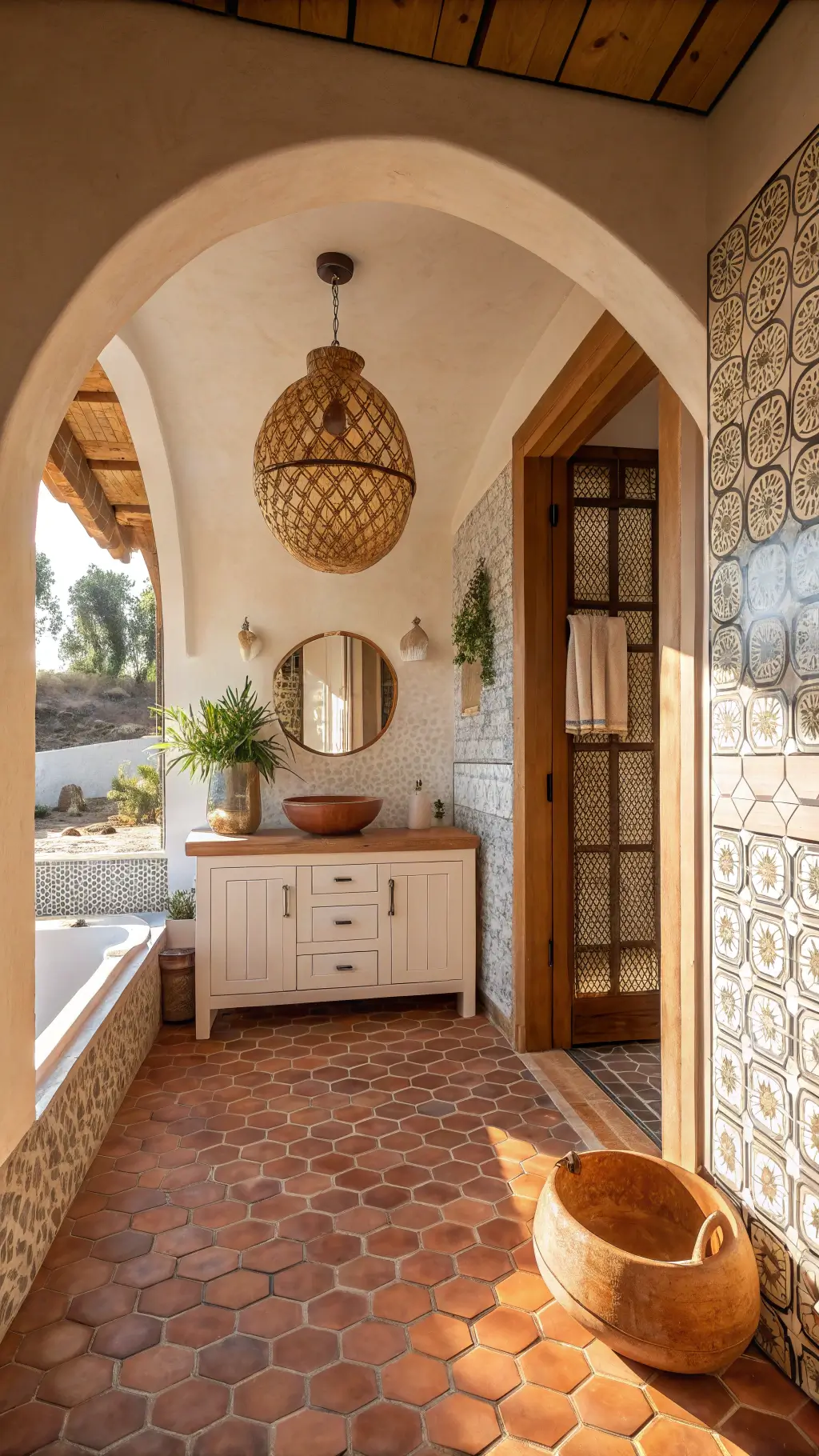 Warmly lit, Mediterranean-inspired bathroom featuring handmade terra cotta floor tiles, a curved archway entrance, a whitewashed wood vanity with a copper sink, Moroccan cement tile feature wall, and a woven pendant light casting patterned shadows, shot during the golden hour.