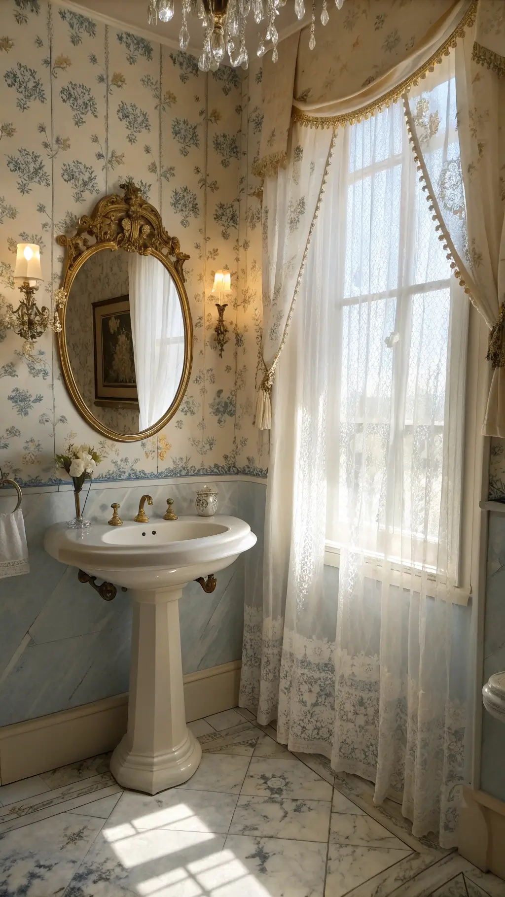 Vintage French Provincial powder room with ornate details, floral wallpaper, pedestal sink, gilded mirror, crystal sconces, and marble herringbone flooring in soft afternoon light.