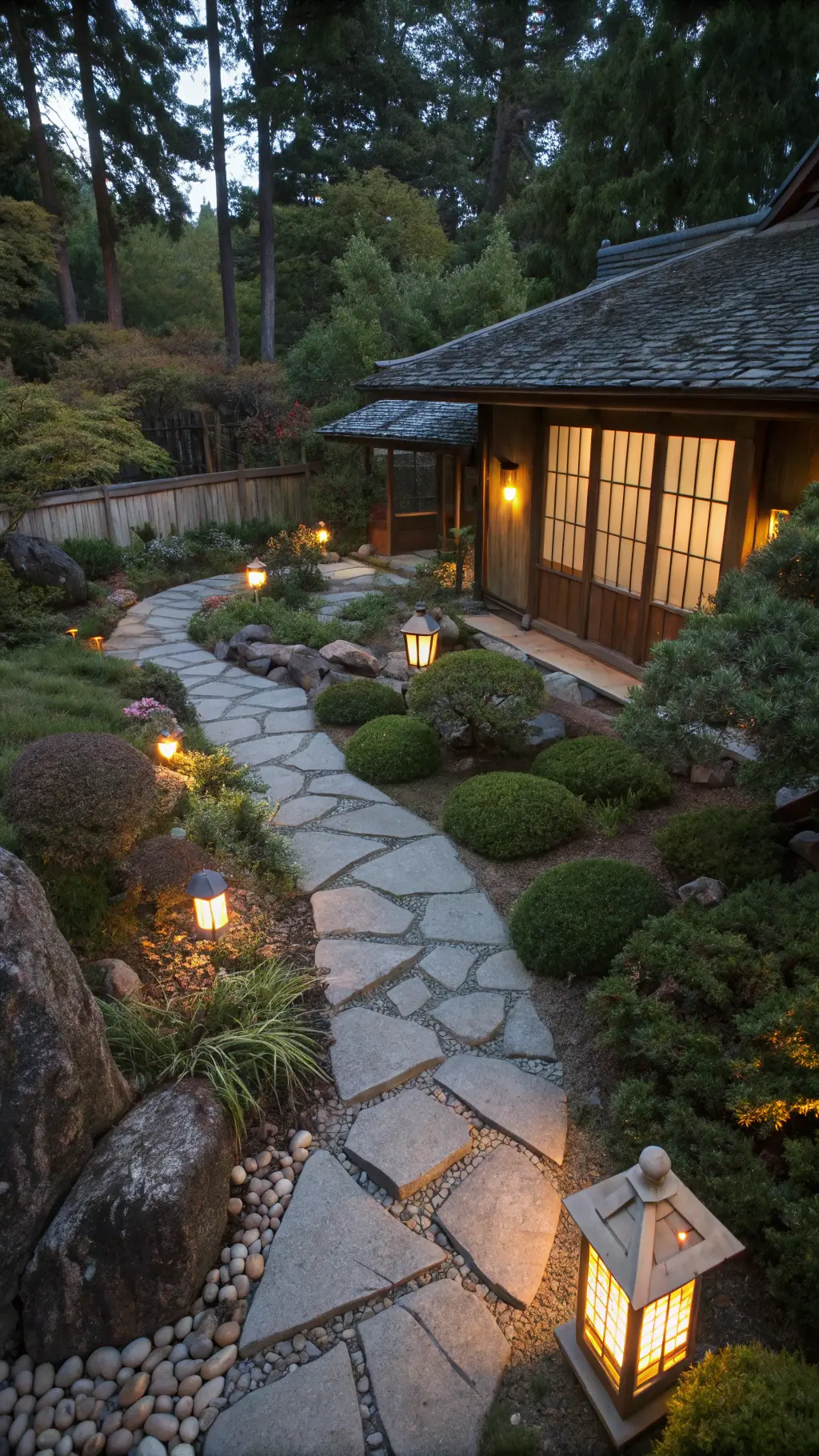 Aerial view of a twilight zen garden featuring a stone pathway leading to a rustic tea house, handmade ceramic lanterns emitting a warm glow, and stepping stones embedded in creeping thyme. The impact of natural aging on wooden elements and unique texture are emphasized by deep shadows. The image exudes a moody ambiance in cool evening tones offset by warm lantern accents captured in a 24mm wide-angle, long exposure.