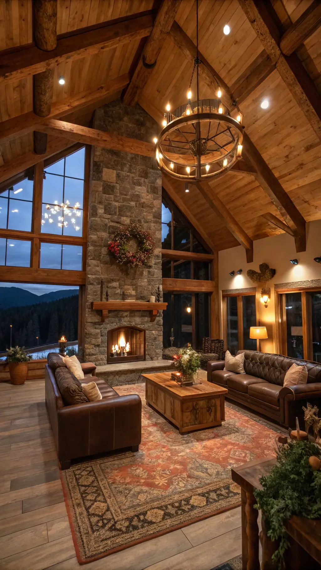 Cozy, luxe lodge great room in the mountains at early evening, featuring vaulted ceiling with exposed beams, floor-to-ceiling stone fireplace, leather Chesterfield sofas, wooden cocktail tables, and cowhide rugs, with organic floral installations in copper vessels, shot from mezzanine level with mixed fireplace and overhead dimmed lighting.