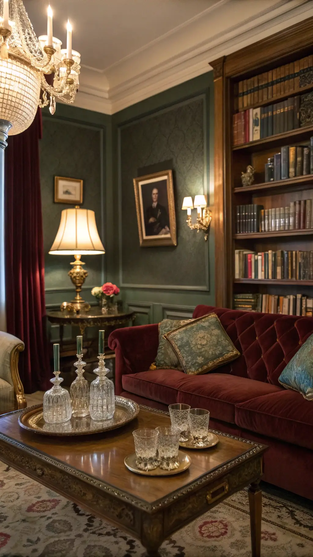 Vintage Glamour Lounge with warm lamp lighting, antique brass coffee table with decanters and vintage photograph collections, velvet upholstery in rich jewel tones.