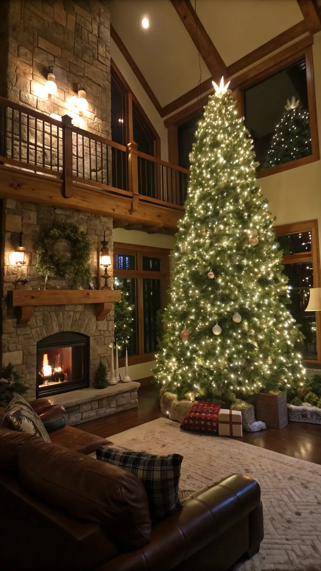 Elevated view of a grand room at midnight, featuring a towering Christmas tree adorned with thousands of bright lights and mercury glass ornaments, a leather sectional with tartan throws, a tall stone fireplace with antique copper lanterns on a wooden mantel.
