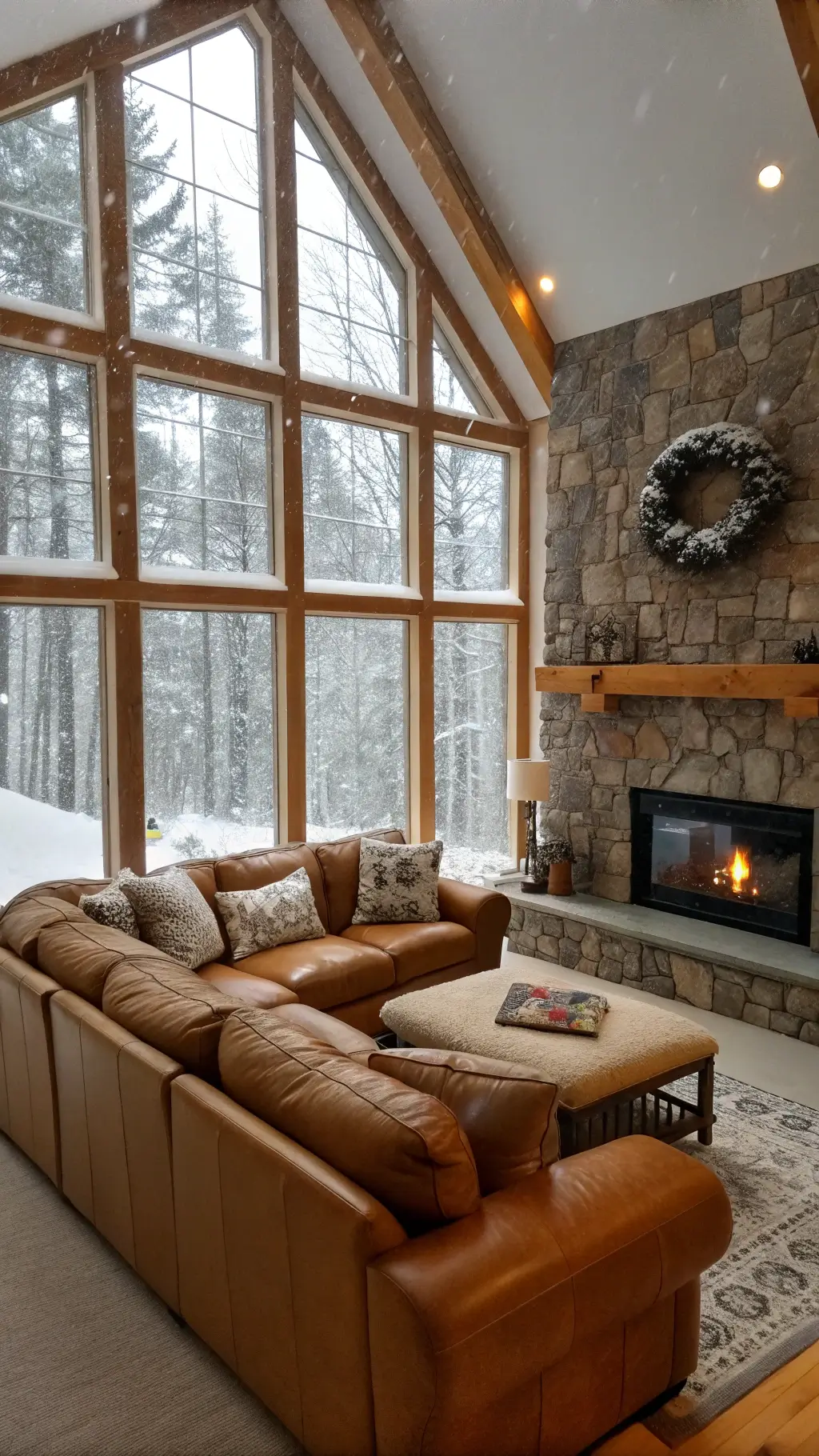 Cozy family room with leather sectional, fairisle pillows, stone fireplace adorned with garland, and view of a heavy snowfall through large windows.