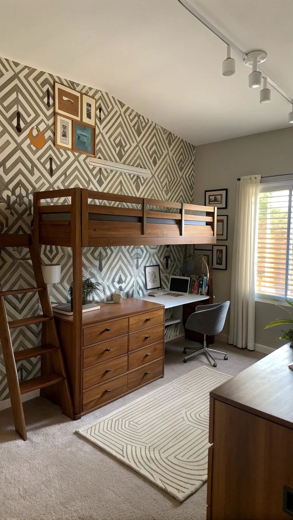 Mid-century modern styled 12x14ft room featuring a teak loft bed with integrated storage stairs, Eames-style home office furniture, abstract art, statement wallpaper, with afternoon light casting geometric shadow patterns through Venetian blinds.