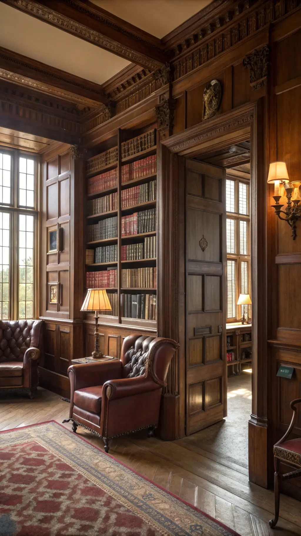 Traditional English library with mahogany built-ins, leather-bound books, wing chairs, brass lamps, and antique globes, bathed in soft morning light coming through leaded windows.