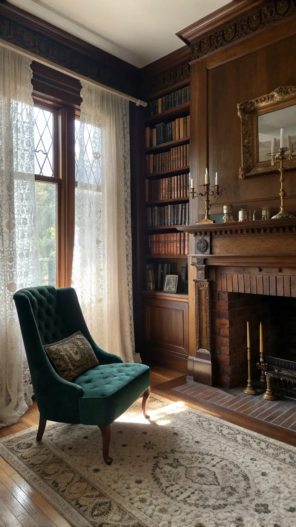 Victorian library with brick fireplace, walnut bookshelves, and emerald velvet reading chair, bathed in soft afternoon light.