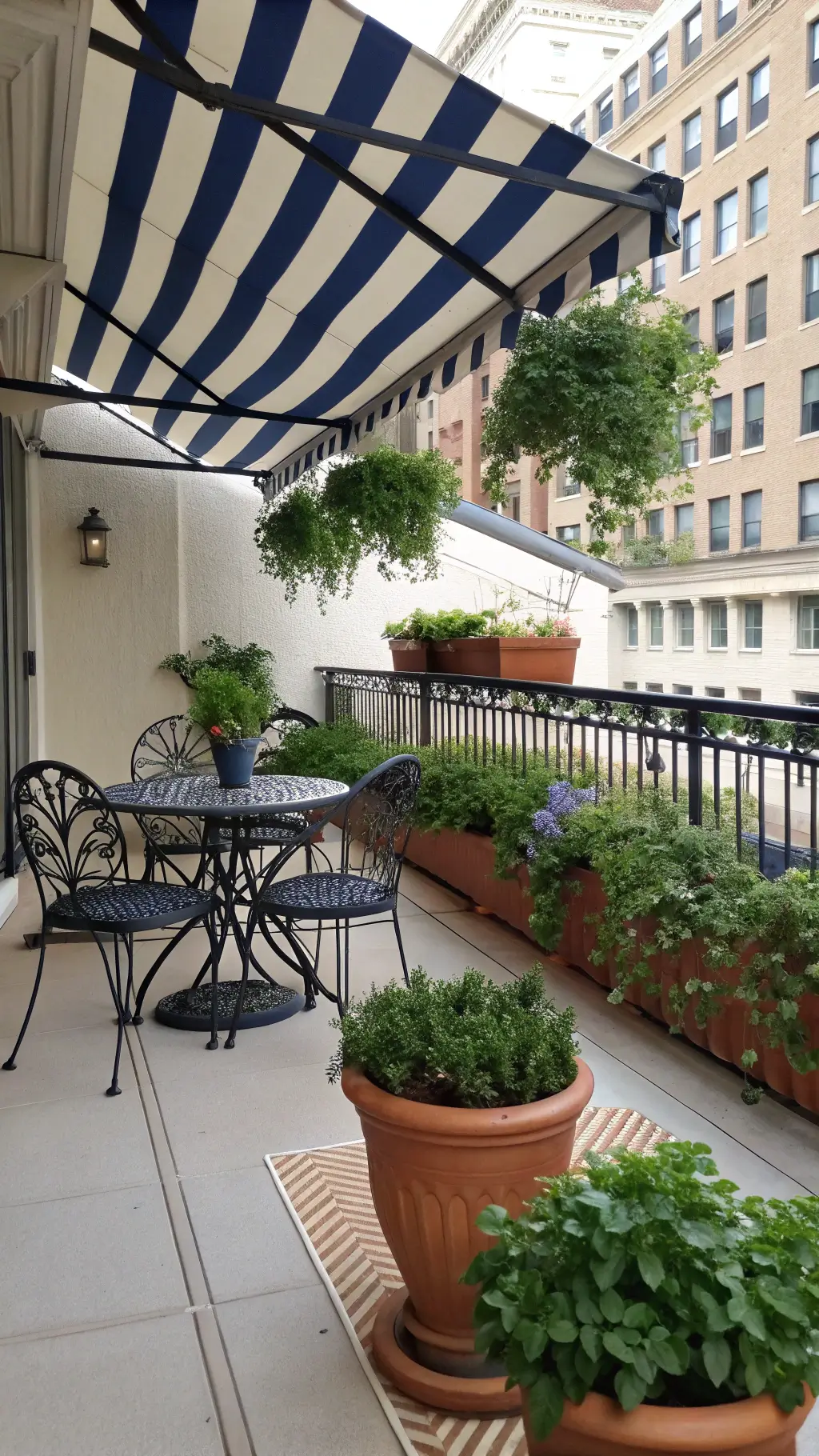 Vintage-inspired black wrought iron bistro set in a 6x10ft urban oasis with Mediterranean herbs and lavender in terracotta pots, a navy/white striped awning overhead, railing-mounted copper planters with trailing ivy, and a 2x8ft natural jute runner, photographed at mid-afternoon in balanced exposure.