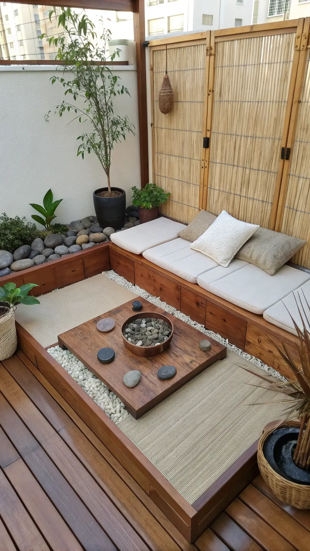 High angle shot of a 5x5ft morning meditation corner at 7am featuring wooden platform with built-in storage, weather-resistant floor cushions, Zen-inspired rock garden in a copper tray, bamboo privacy screen with integrated planters, and a neutral sisal mat.