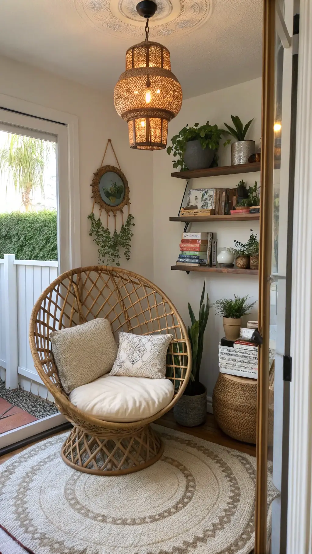Cozy afternoon reading nook with an oversized rattan peacock chair, cream cushions, floating copper shelves with succulents and books, vintage Moroccan lanterns, and a patterned natural fiber rug.
