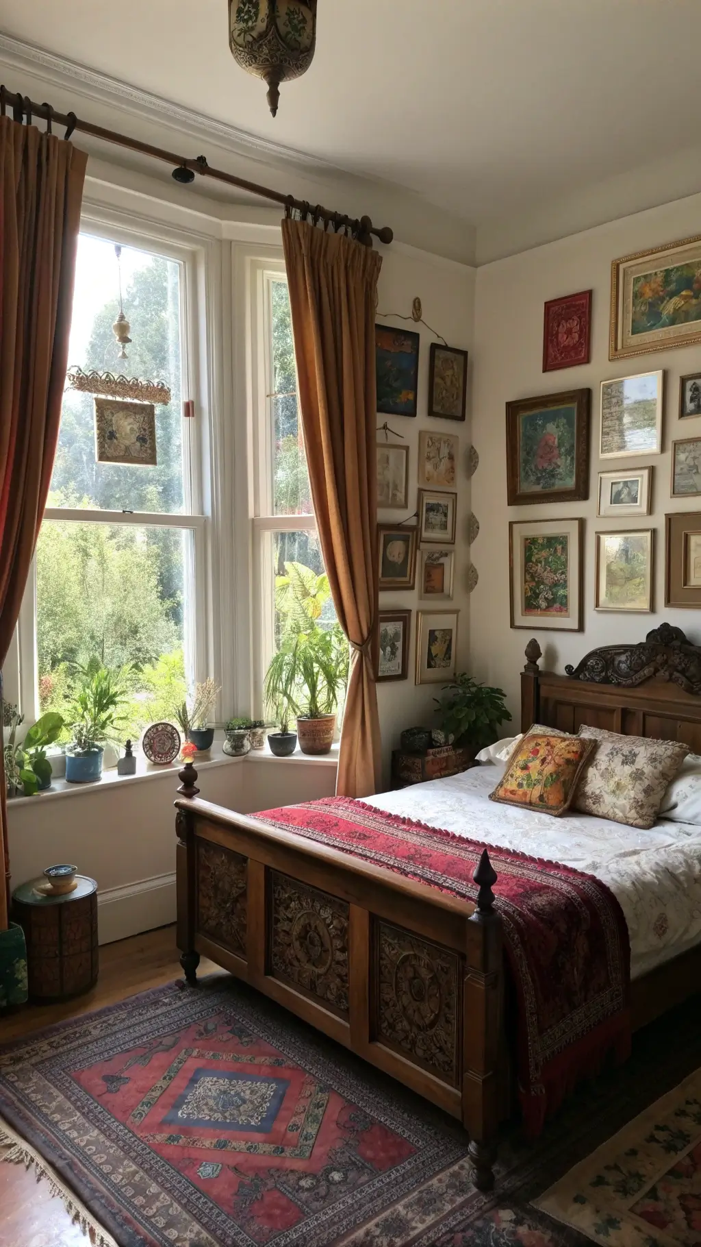 Eclectic 12x14ft bedroom with carved wooden bed, vintage sari curtains, reading nook, gallery wall, global artifacts, and brass details in afternoon light.
