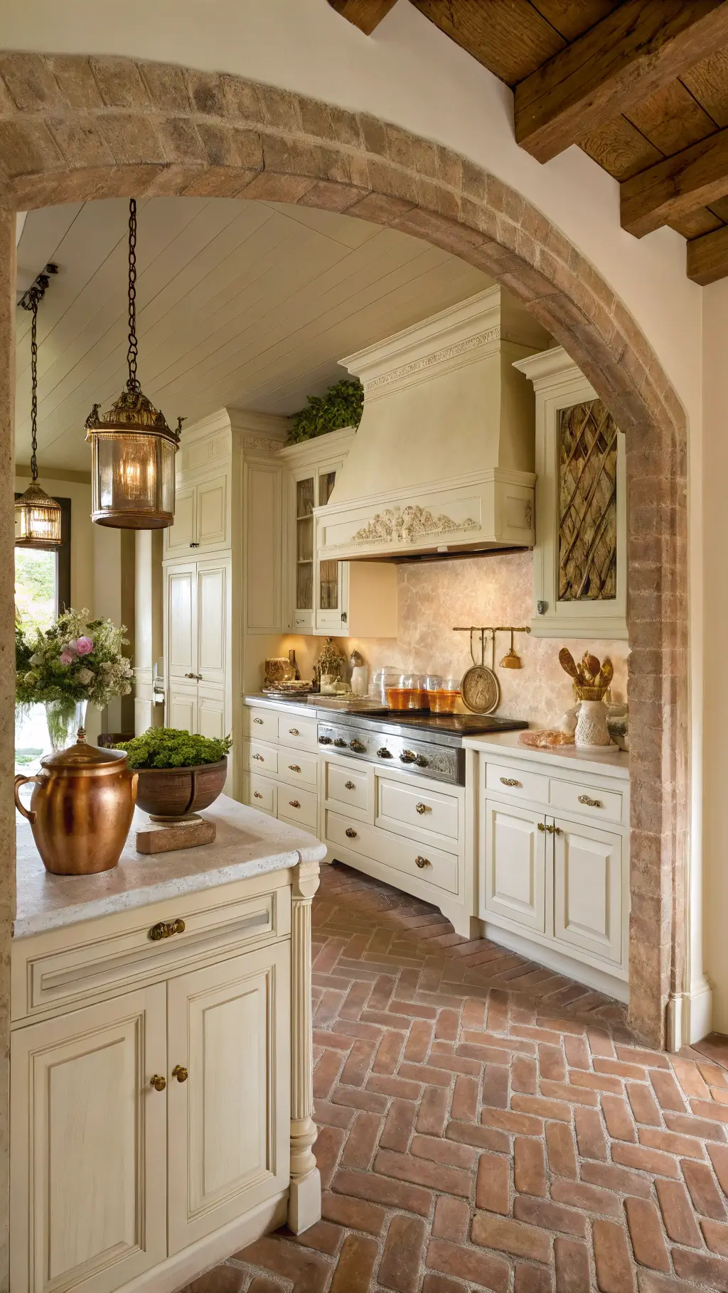 Rustic French country kitchen with creamy white cabinets, antique brass hardware, limestone counters, herringbone brick floor, and copper pots, bathed in late morning light.