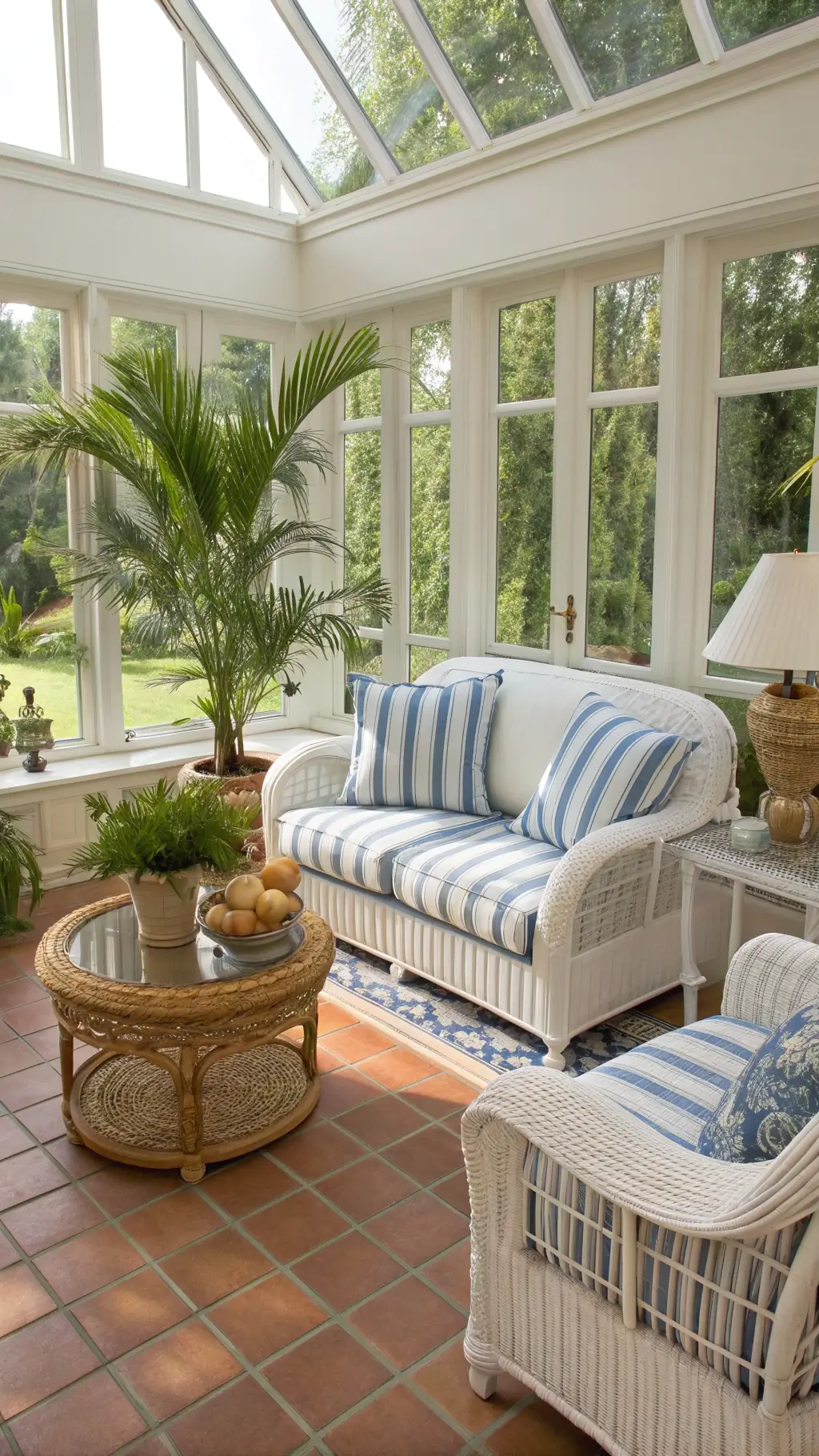 Bright morning sun illuminating a spacious 16' x 22' conservatory-style sitting room with white wicker furniture, blue and white striped cushions, potted palms on brass stands, a rattan coffee table with collected shells under a glass cloche, and a sisal rug over terracotta tiles, viewed through green foliage.