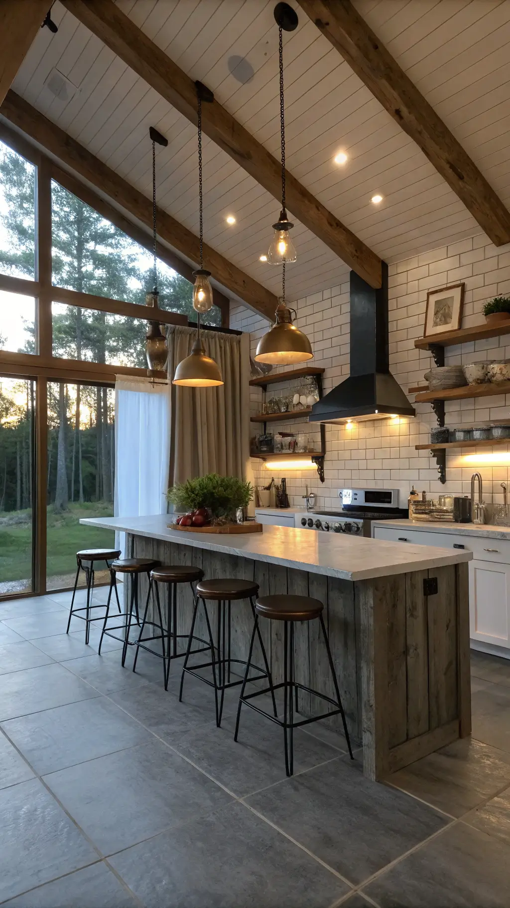 Rustic chic 12x14ft barn-style kitchen with concrete countertops, reclaimed barn wood open shelves...